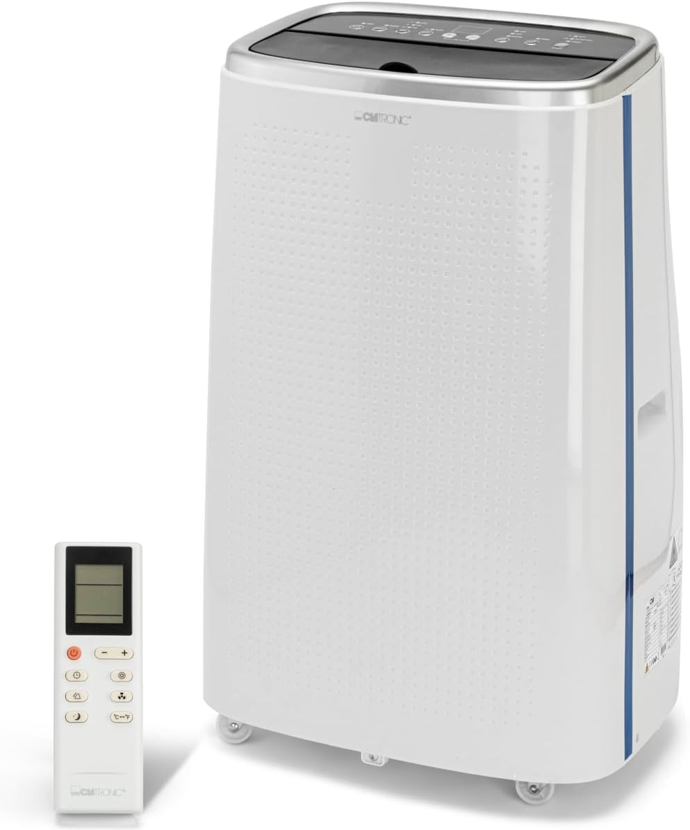 Clatronic CL 3750 Mobile Air Conditioner Amazon Alexa & Google Assistant; 3-in-1 Cooling, Dehumidification & Ventilation; with Drain Hose; Remote Control; 12,000 BTU; White