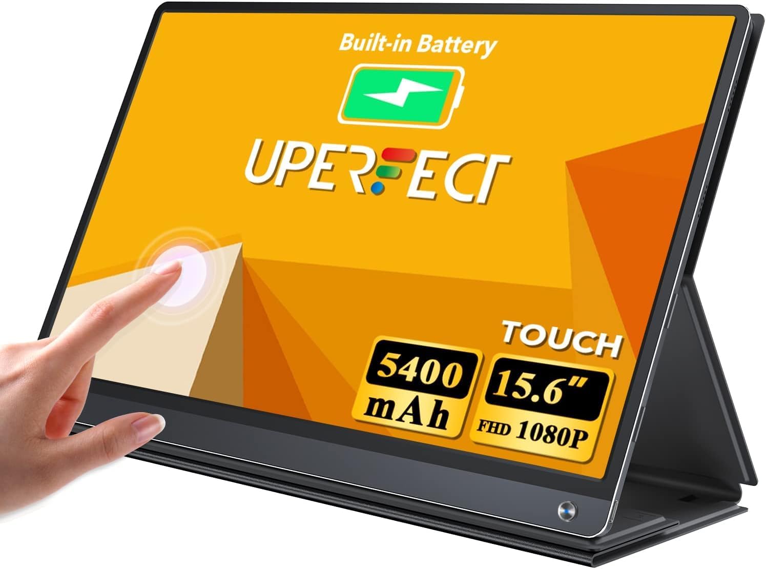 UPERFECT Portable Monitor with Battery, 15.6 Inch Touch Screen Portable Metal Body with 5400mAh Battery, 1080P FHD IPS Screen Portable Gaming Eye Care with Mini HDMI/Type-C/USB-C