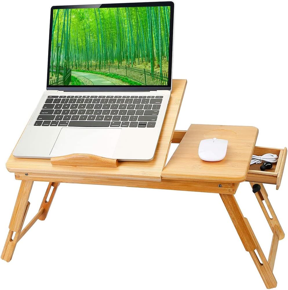 Adjustable Bamboo Laptop Tray with Drawer and Cooling Holes, Sofa Bed Work Meal Tray 66 x 30 x 35 cm Wood Colour