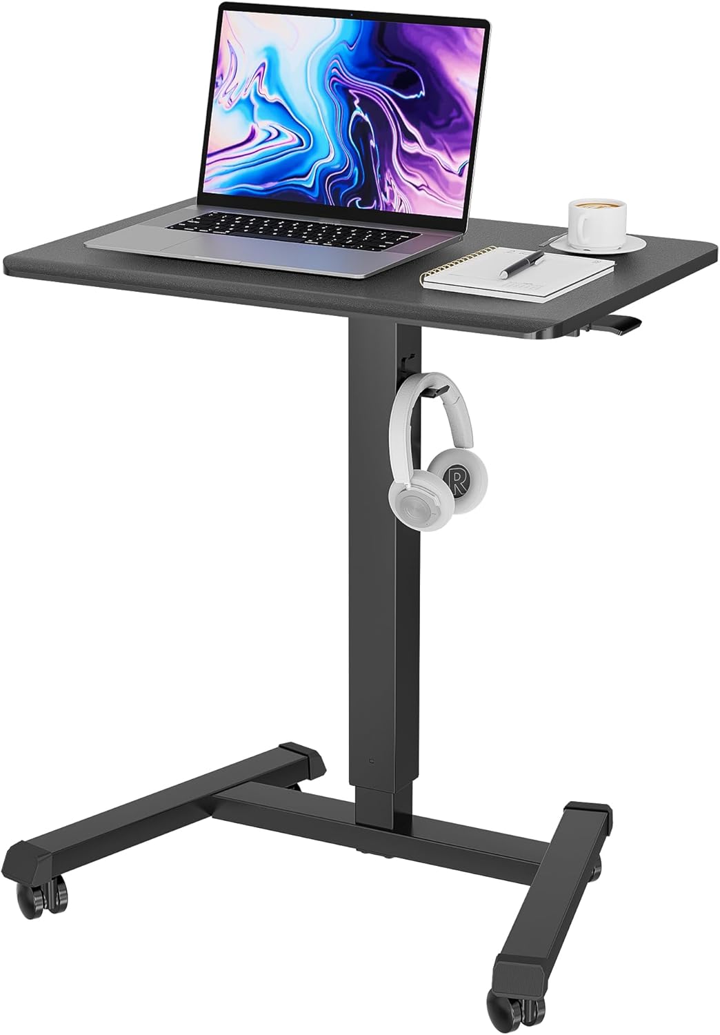 BONTEC Adjustable Height Mobile Desk, 65 × 45 cm, Bed Table with Lockable Wheels, Sit-Stand Workstation for Living Room, Bedroom, Office, Maximum Load 15 kg, Black