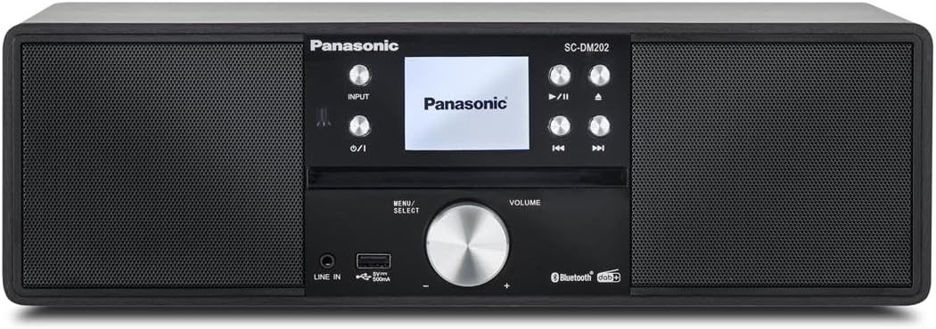 Panasonic SC-DM202EG-K Compact Hi-FI Micro System with CD, Dab+/FM Radio, USB and Bluetooth, 24W Speakers, Remote Control, 2.4" TFT LCD Screen, EQ Settings, Black.