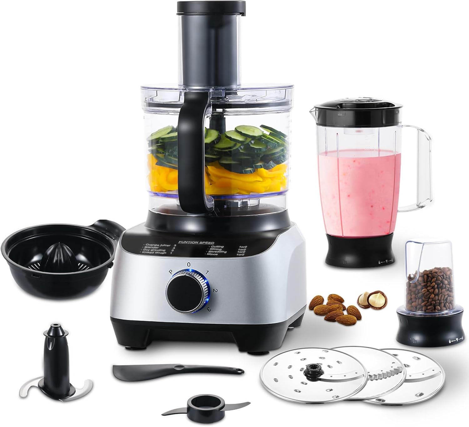 SNDOAS Multifunctional Food Processor 1300 W, Kitchen Robot with Mixing Bowl 3.5 L, Chopper, Blender Blender 1.5 L, Coffee Grinder, Coffee Grinder, Silver