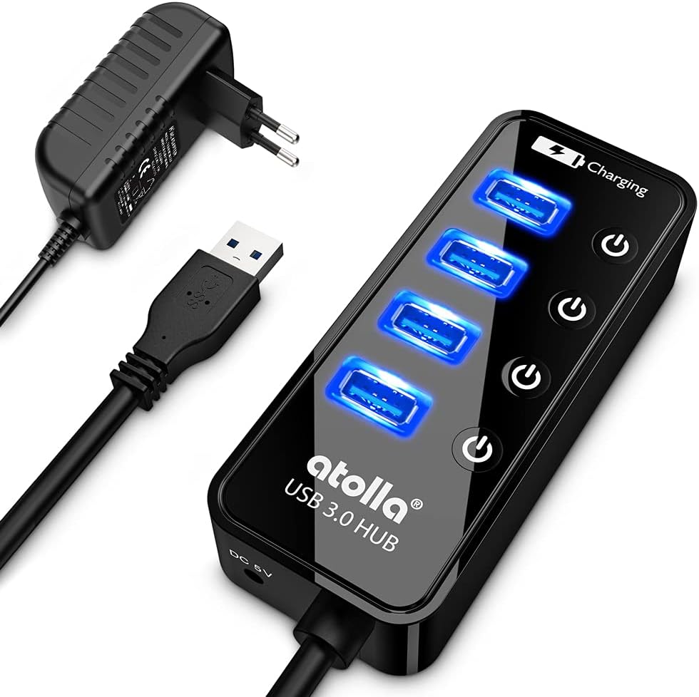 Atolla Powered USB 3.0 Hub, 4-Port USB Hub with Individual On/Off Switches - Power Adapter Included