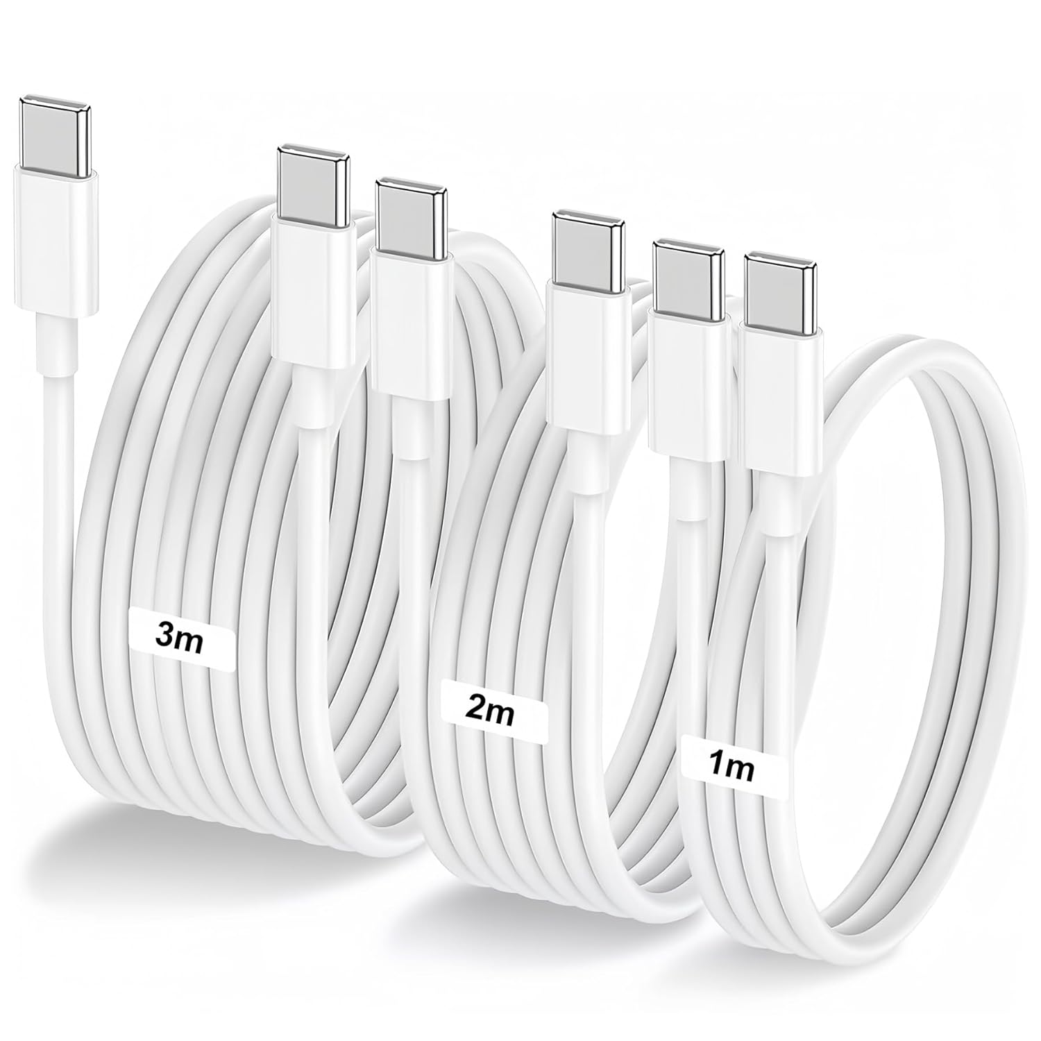 3 Pack USB-C to USB-C Cable 60W White 1M/2M/3M Fast Charging Cable for Apple MacBook Pro, iPad Pro, iPhone 15/15 pro, Samsung, Google Pixel, Fire Tablets, Kindle Paperwhite