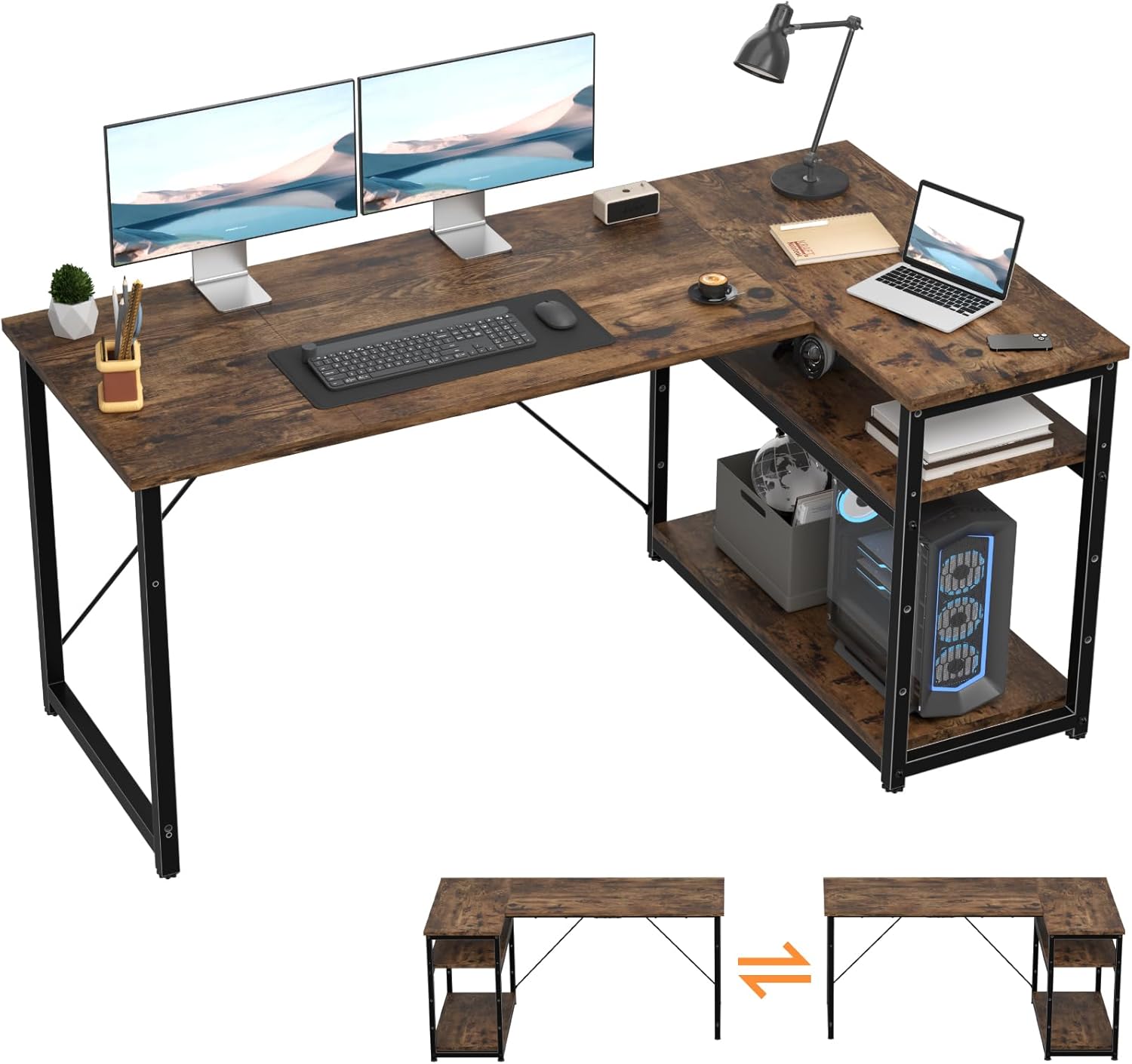 TRIUMPHKEY Corner Desk 160 x 80 x 75 cm with 3 Shelves Reversible Left or Right L-Shaped Office for Home, Brown