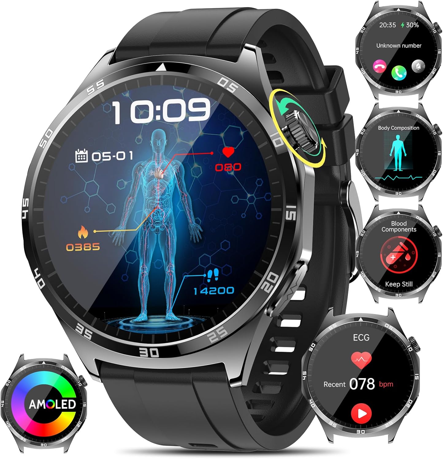 Smart Watch ECG/HRV/Uric Acid/BMI Round 1.43 Inch AMOLED Smartwatch with Bluetooth Call, Heart Rate 24H Blood Pressure SPO2 Sleep Fitness Watch for Android/iOS