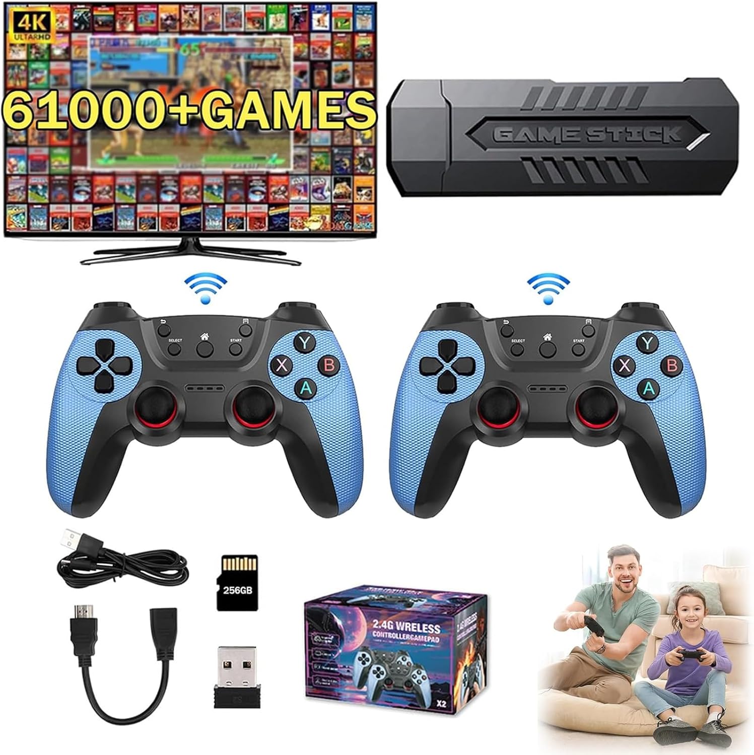 2025 New Game Stick 4k 60,000 Games, Retro Game Console Integrated with Over 60,000 Games, Plug & Play TV Video Retro Gaming Stick for Everyone (256G)