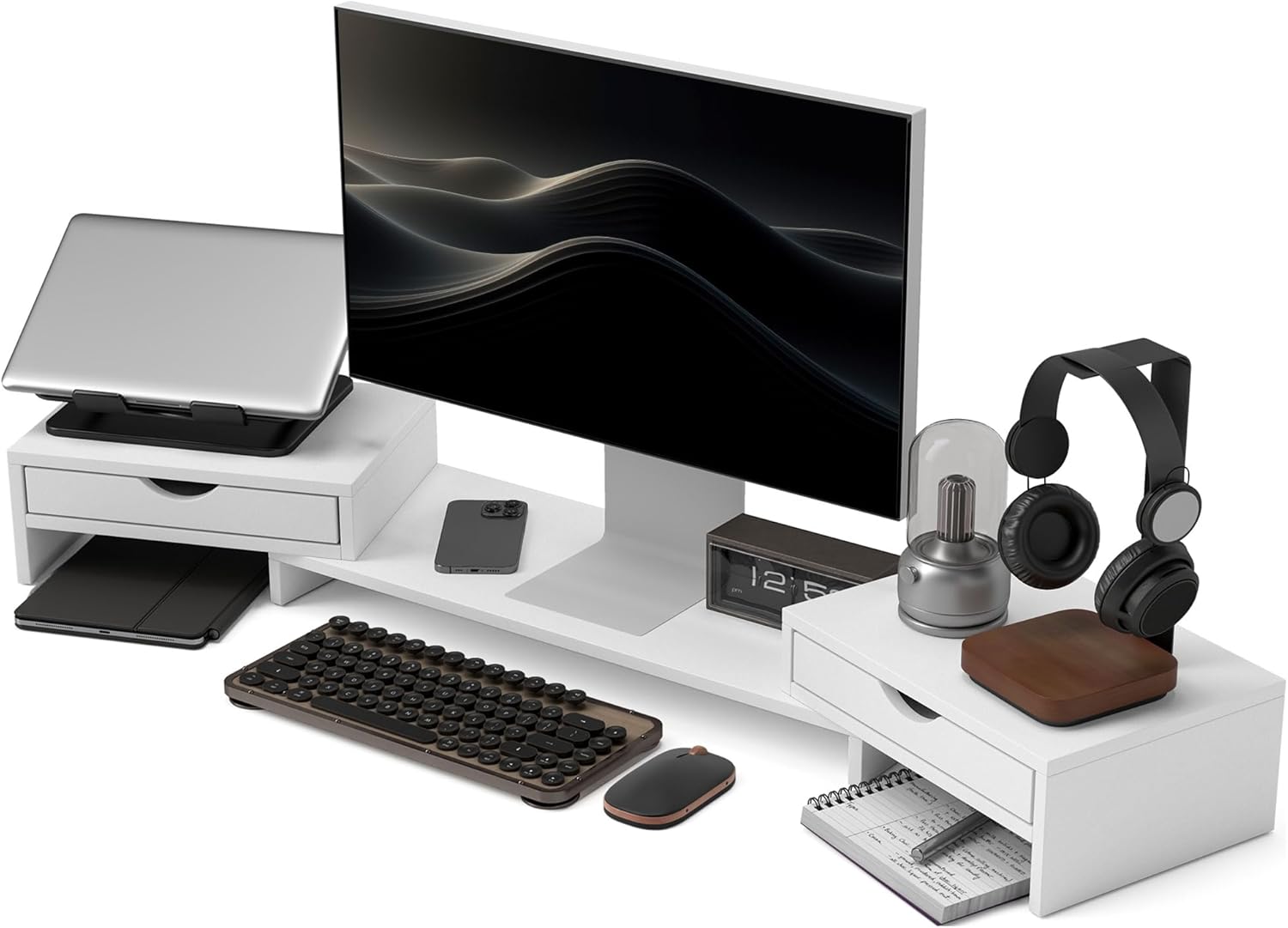 HOMCOM Monitor Riser PC Desk Monitor Stand 60-116cm Monitor Stand with 2 Drawers, Adjustable Length and Angle for Laptop, Computer, PC, White