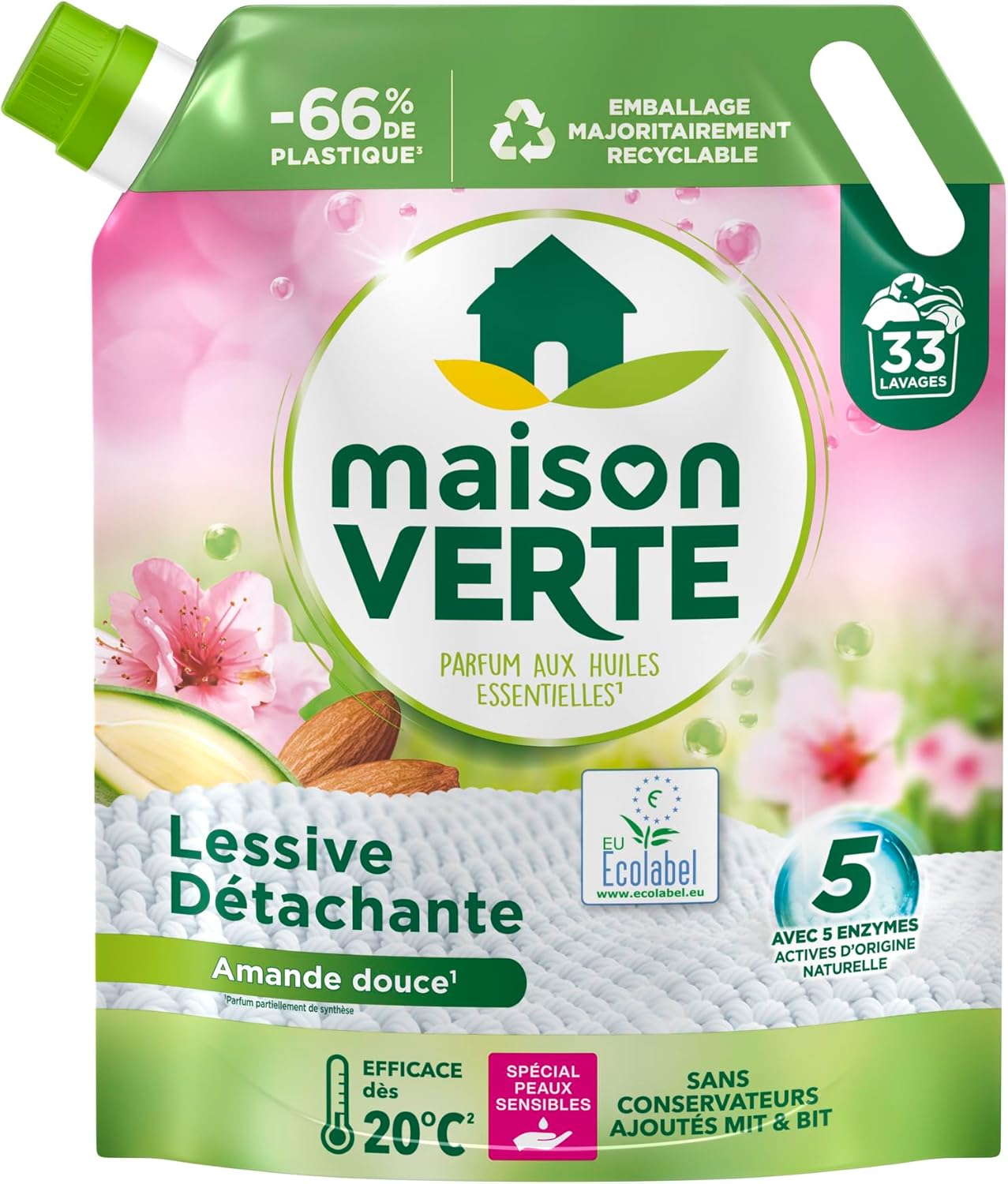 Maison Verte - Liquid Laundry Refill - Fragrance with Essential Oils - Detergent Detergent - Sweet Almond - Sensitive Skin - Effective from 20°C - 5 Active Enzymes of Natural Origin - 33 Washes