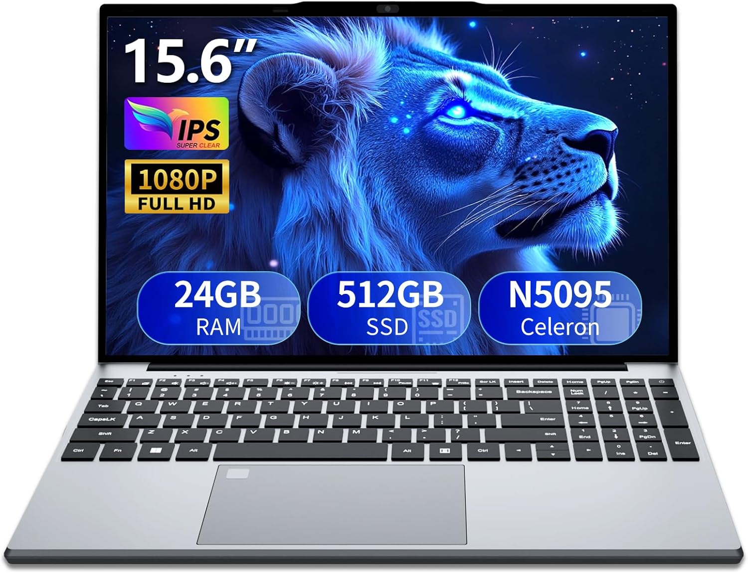 15.6 Inch Laptop, 24GB RAM SSD 512GB CPU N5095 UHD Graphics Card, PC Laptop Full HD 1920x1080, with WiFi 5/USB 3.0/Numeric Keypad/Backlit Keyboard/Touch ID Laptop