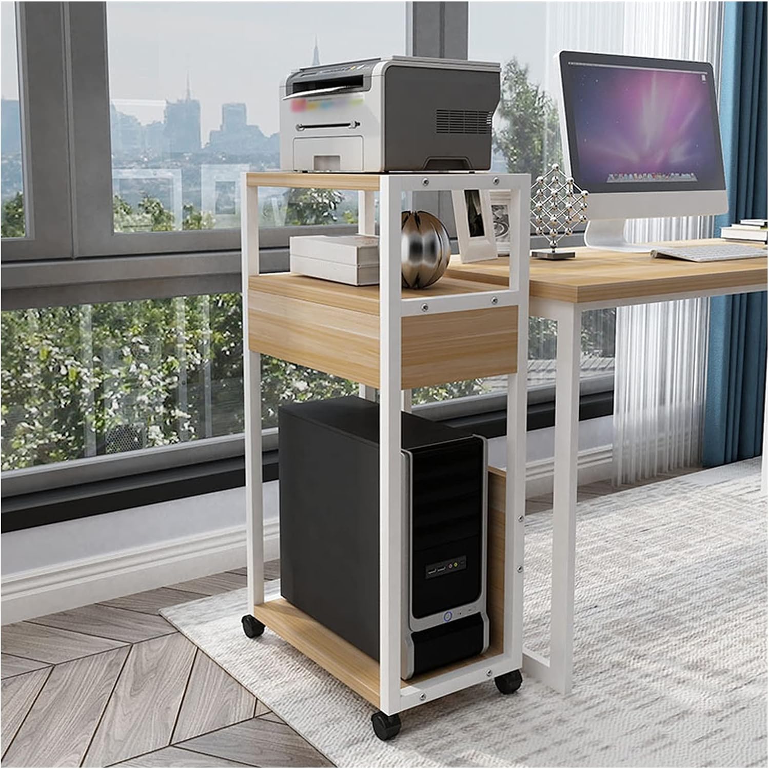 CPU Stand PC Tower Stand, Desktop CPU Holder 3-Tier Adjustable PC Tower Floor Stand with Adjustable Width and 4 Caster Wheels (White) PU Holder