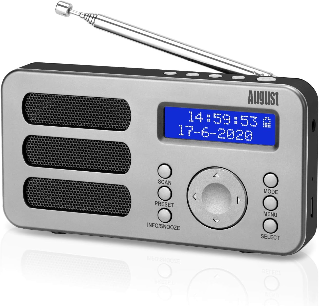 August MB225 Portable Rechargeable FM Dab RNT Radio Small Digital Stereo Radio with Battery Alarm 40 Presets and Earphone Jack (Silver)