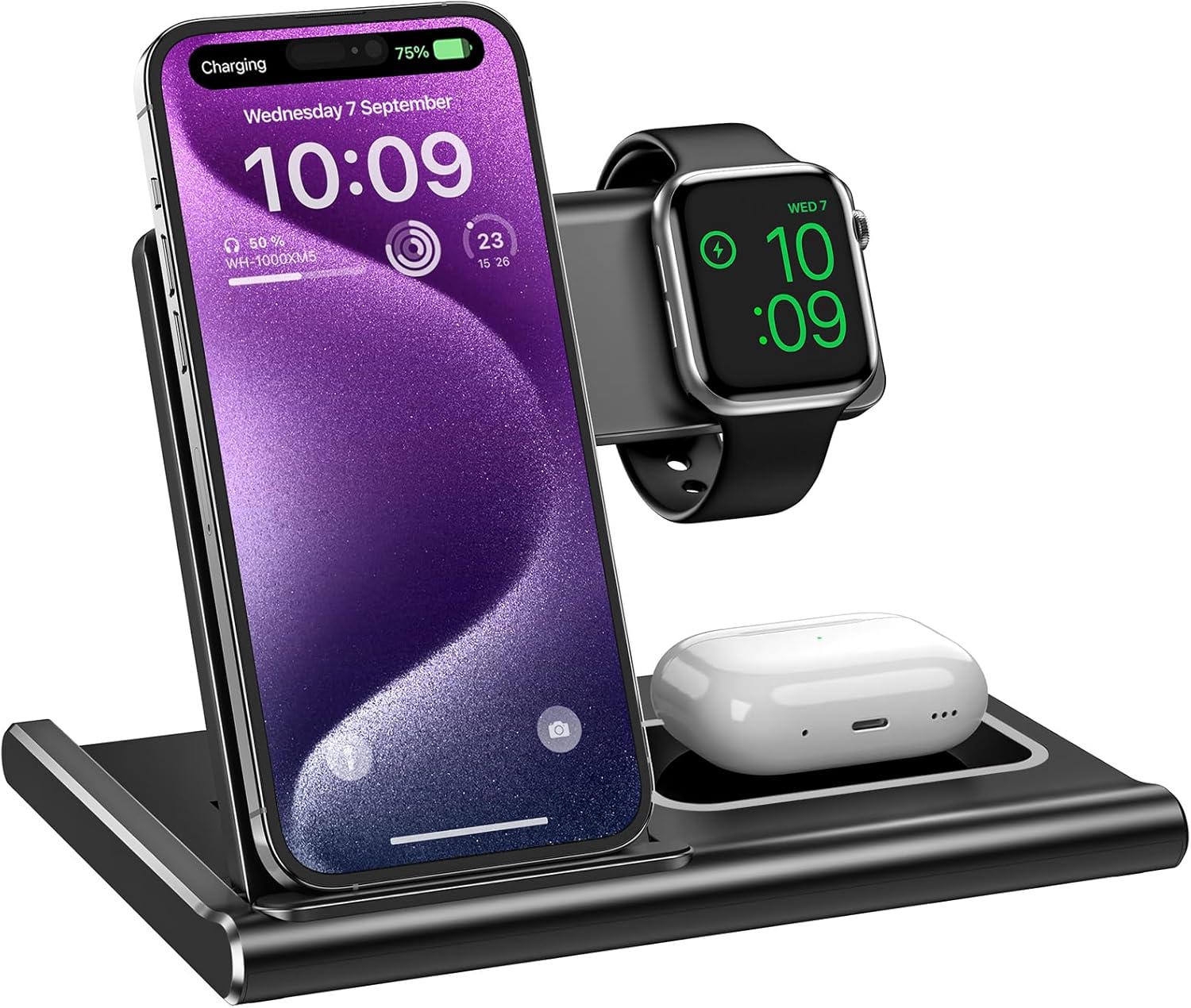 EXW Charging Dock, Induction Charger 3 in 1 Wireless Charger Compatible with iPhone 16/15/14/13/12 Series, Apple Watch 10/9/8/7/6/SE/5/4/3, AirPods 2/3/4/Pro-Black