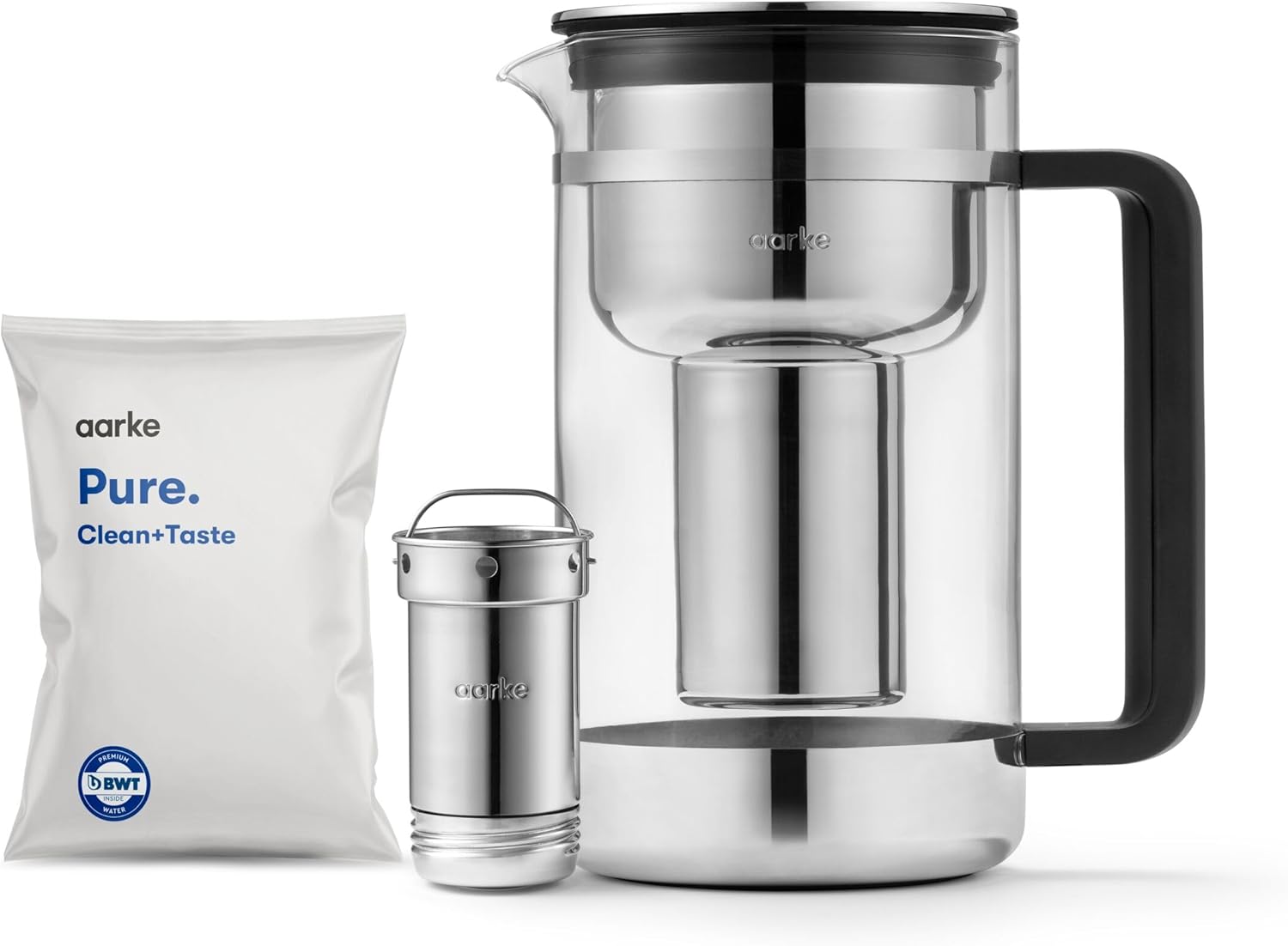 Aarke Purifier Large, Glass and Stainless Steel Filter Jug, 1.7 L/7 Cups, with Pure Filter Refill Bag Aarke