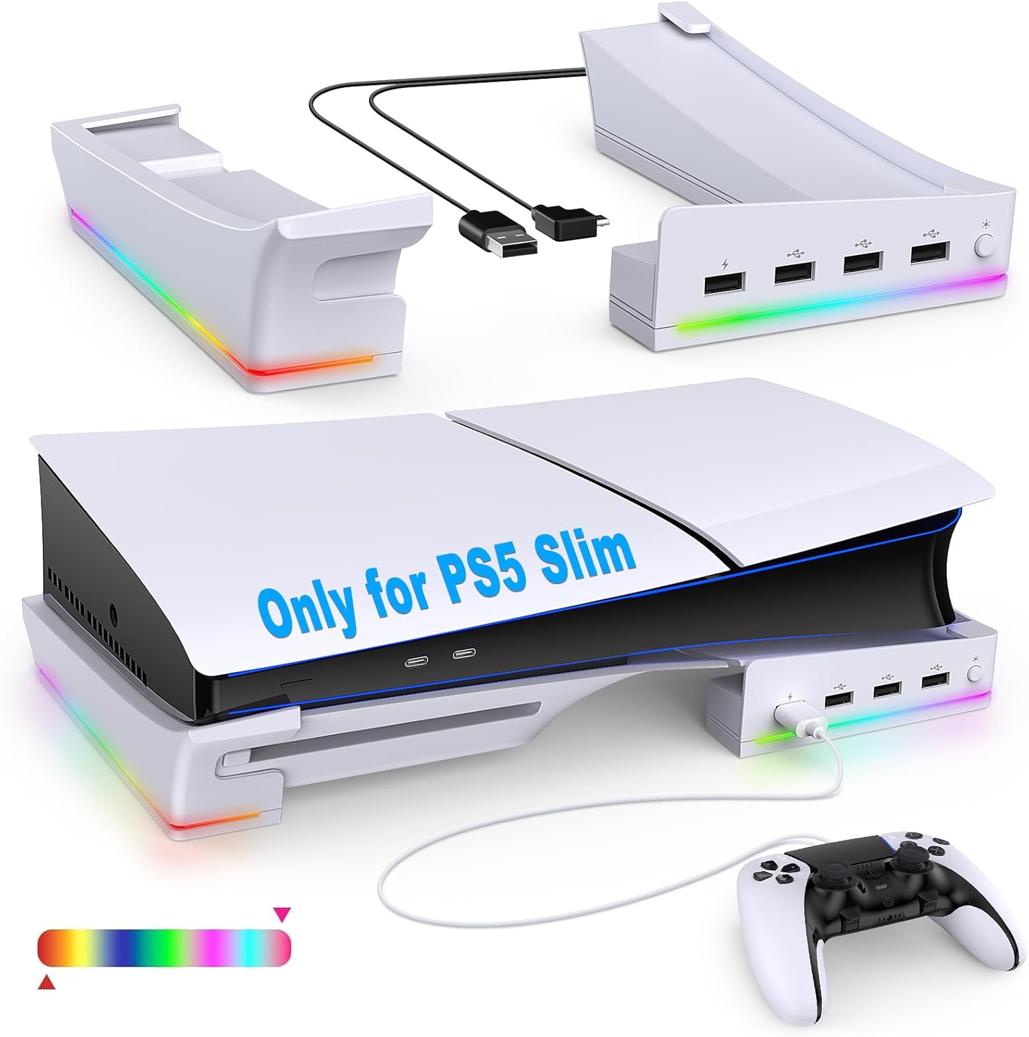 FASTSNAIL Horizontal Stand with RGB LED Lighting for PS5 Slim/Pro Console Non-Slip Base with 4 USB Ports, Accessory for Playstation 5 Slim/Pro Disc & Digital Edition