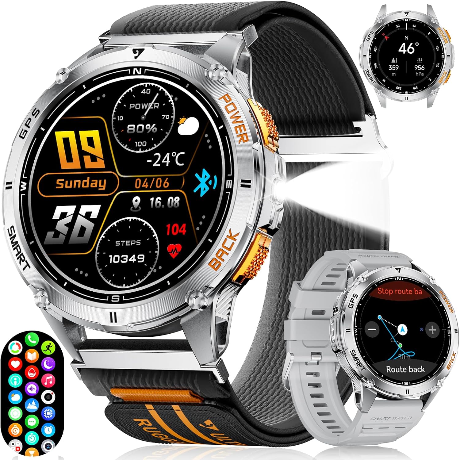 ESFOE DM4 Men's Smart Watch GPS LED Torch 530 mAh Battery, 1.43 Inch AMOLED Military Smart Watch with Barometer, Compass, Heart Rate, SpO2, Sleep, 5ATM Waterproof for Android iOS