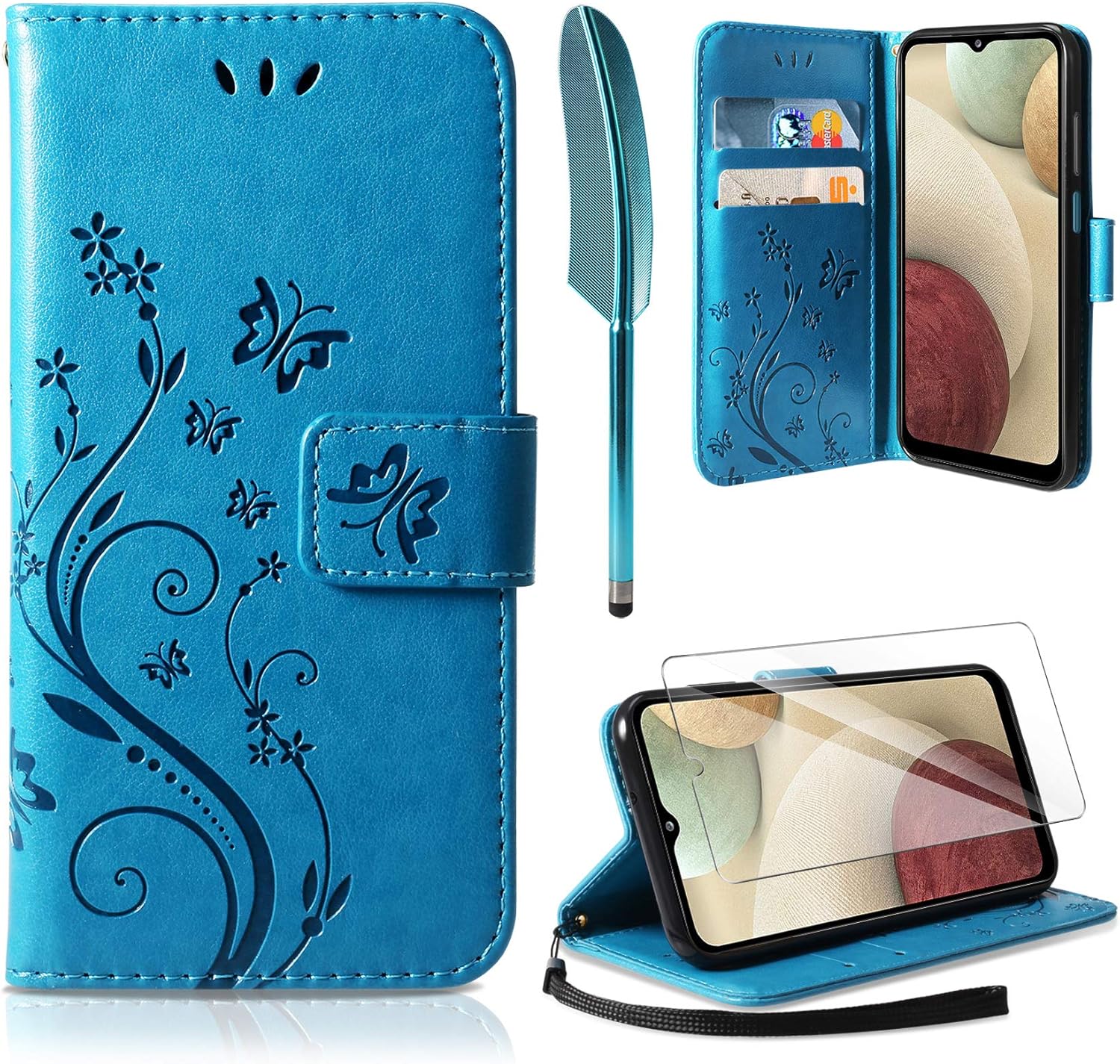 AROYI Case Compatible with Samsung Galaxy A12/M12, Retro Design PU Leather Wallet Protective Case Cover Stand Video Card Holder Credit Ticket Flip Case A12/M12 Blue