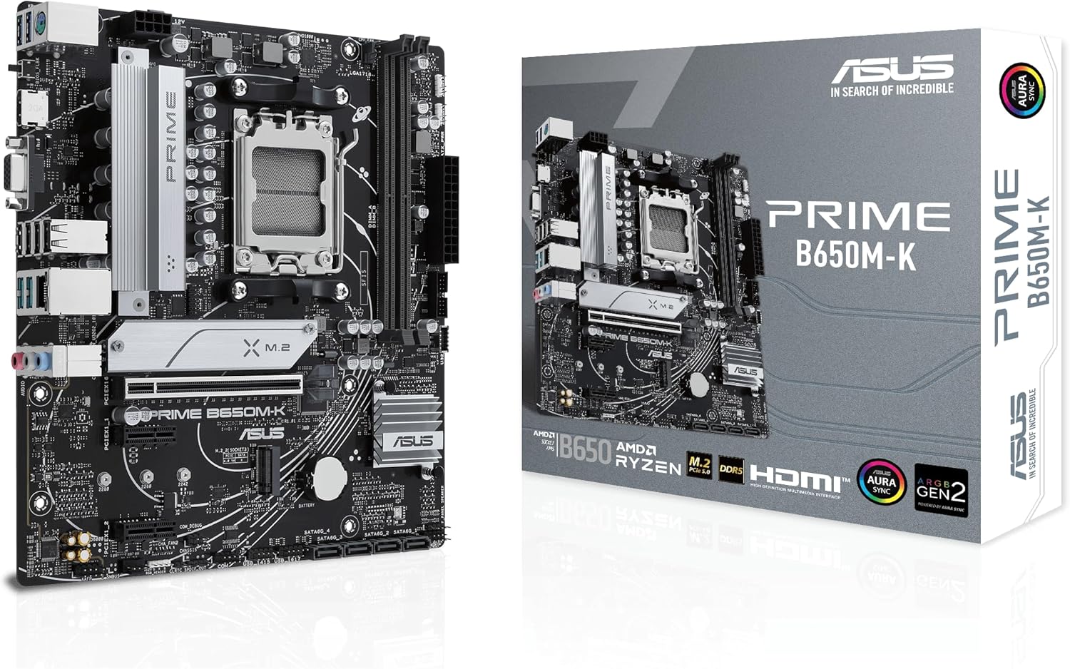 ASUS Prime B650M-K AMD Ryzen AM5 B650 Micro-ATX Motherboard (DDR5, PCIe 5.0 M.2 Support, 2.5Gb Ethernet, HDMI, VGA, USB 3.2 Gen 2 Rear, USB 3.2 Gen 1 Type-C Front, Aura Sync RGB)