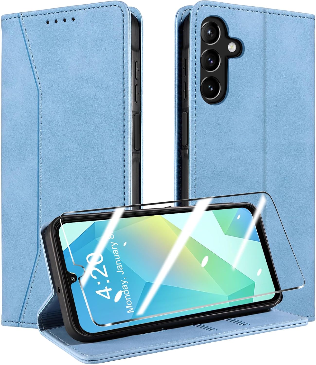 QHOHQ Case for Samsung Galaxy A16 4G/A16 5G/A26 5G + Screen Protector, [RFID Blocking], Premium PU Leather Protective Case, [Card Slots] Magnetic Flip Case - Light Blue