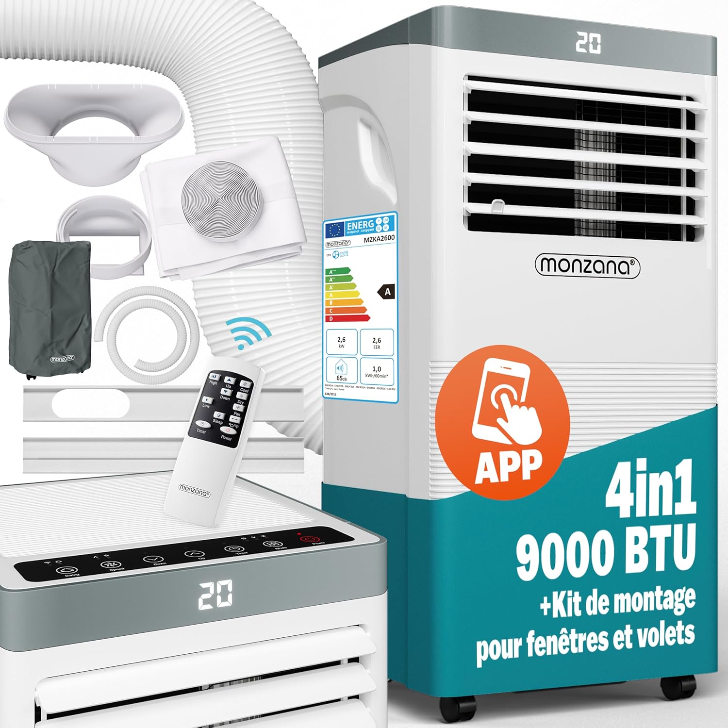 Monzana® MZKA1000 Mobile Air Conditioner 4in1 Air Cooler 9000 BTU/h Dehumidifier Fan WiFi App Alexa