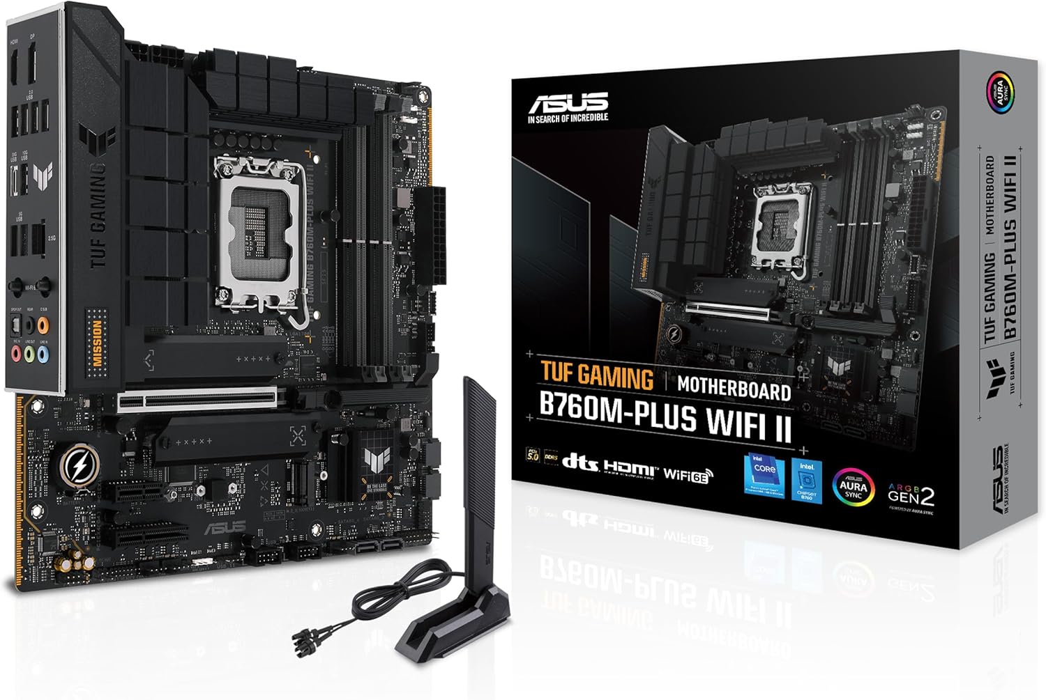 ASUS TUF Gaming B760M-PLUS WiFi II Intel B760 LGA 1700 mATX Motherboard (PCIe 5.0, M.2, DDR5, WiFi 6E, Q Antenna, Realtek 2.5GB Ethernet, DP, HDMI, SATA 6Gbps, USB Type-C, Thunderbolt 4, Aura Sync)