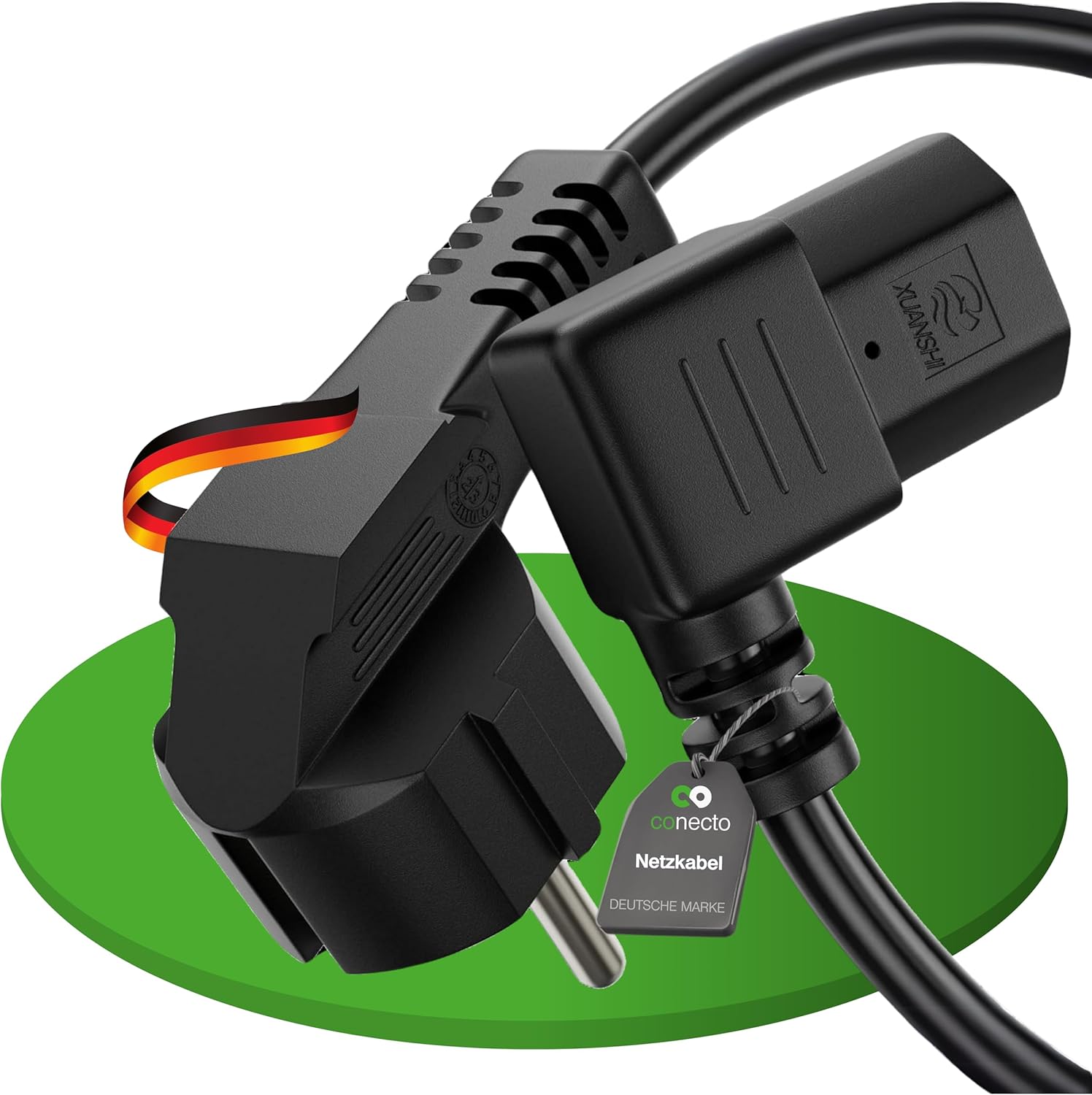 conecto 3 Pin Power Cable 2 m Schuko Mains Plug to C13 Female Socket 90° Angle for Monitor, PC Printer, Black