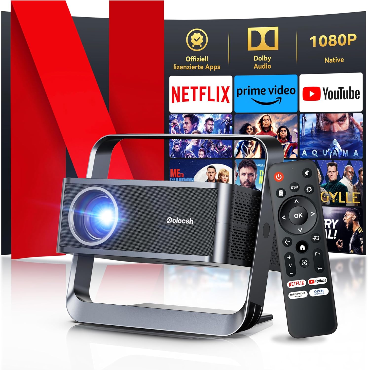 Official Netflix Video Projector & Video Projector 1080P FHD, Mini Projector 30000 Lumens with WiFi 6 and Bluetooth, 4D/4P Keystone Correction, Electric Focus (Iron Grey)