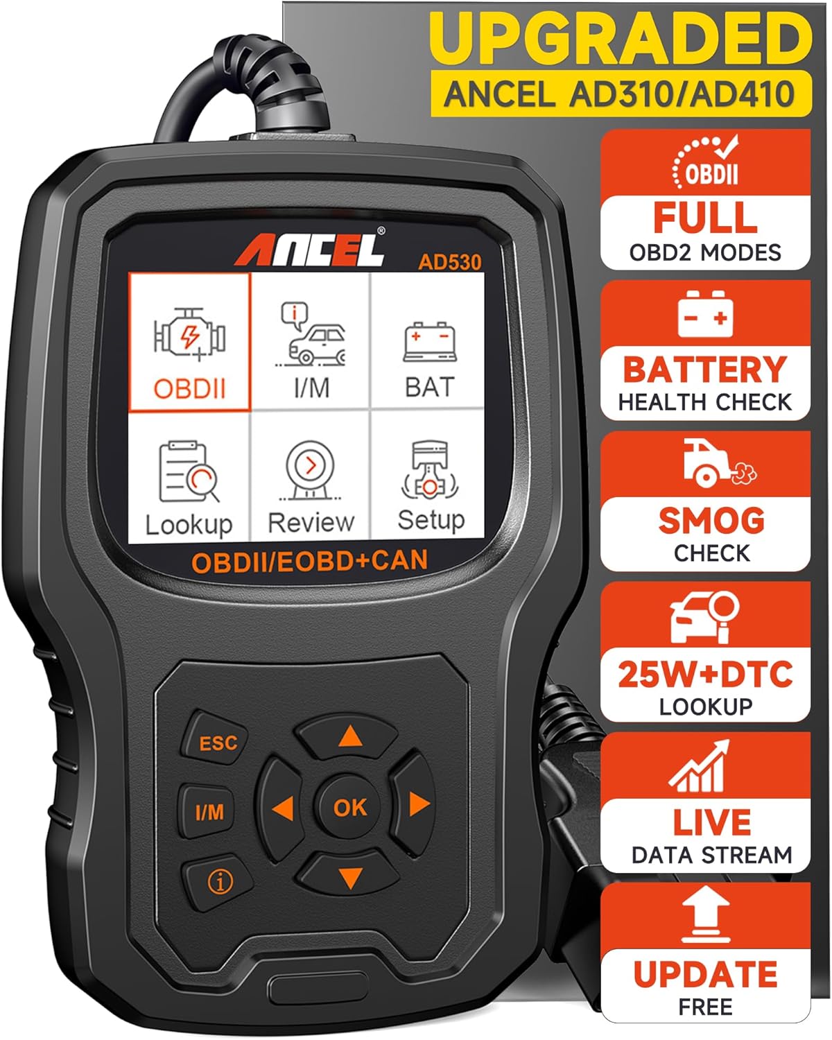 ANCEL AD530 Code Reader OBD2 Scan Tool Check Engine Light Car Sensor O2 Scanner EVAP systems with Full OBD2 Functions and Improved Graphics Battery Status