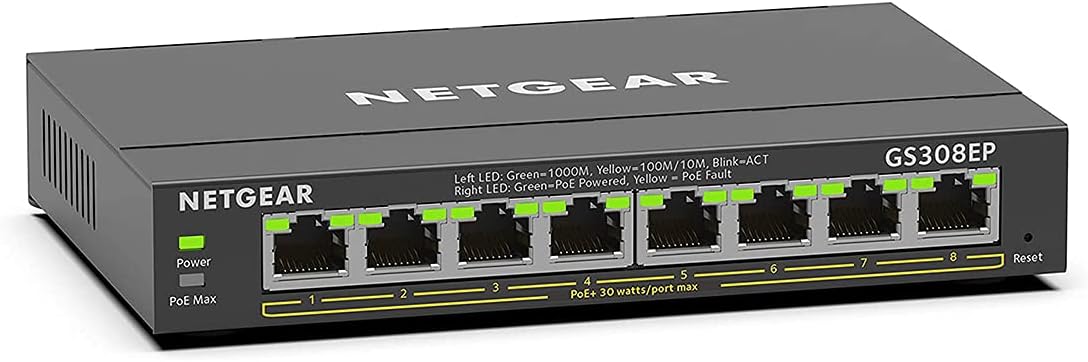 NETGEAR (GS308EP) 5 Port Gigabit RJ45 Ethernet Switch (10/100/1000), Serie Plus Manageable PoE, 4 Port PoE+ 62W RJ45 Switch, Desktop or Wall, Fanless Quiet, Plug and Play