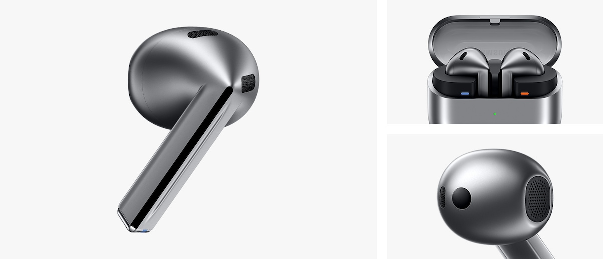 Un seul écouteur Galaxy Buds3 en argent. Appareil Galaxy Buds3 avec les écouteurs dans un boîtier ouvert. Écouteur Galaxy Buds3 se concentrant sur la partie tête de l'écouteur.