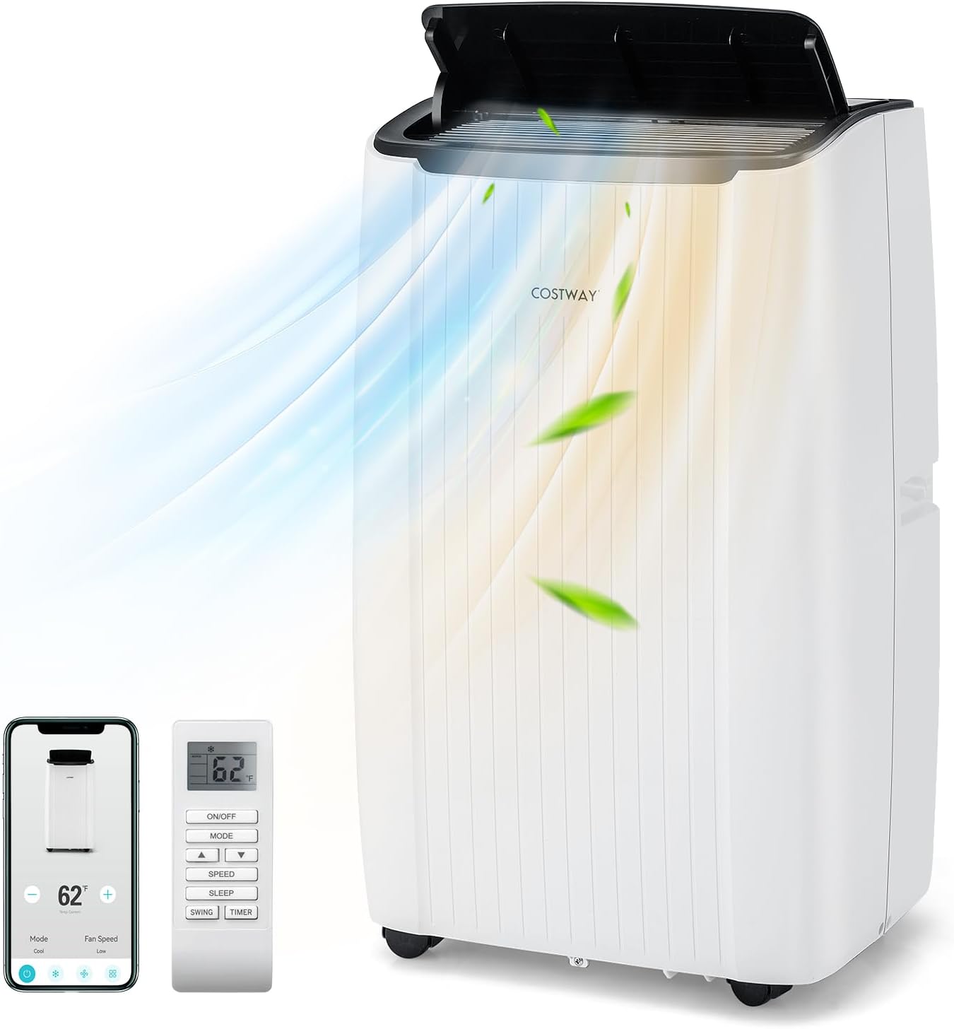 COSTWAY 12000BTU Silent Mobile Air Conditioner, 6 IN 1, Cooling 42m2+,Heating,Fan,Dehumidifier,Night Mode,Fast Air Conditioning,Mobile Air Conditioning