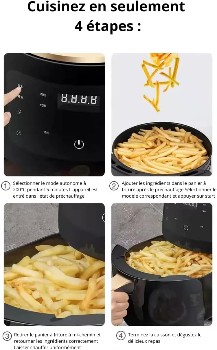 Ksiope Ksiope2024 Air Fryer 4.5 L New Generation: 1400 W, Touch Screen, 8 Programs – Cooking without Oil, Manual in French