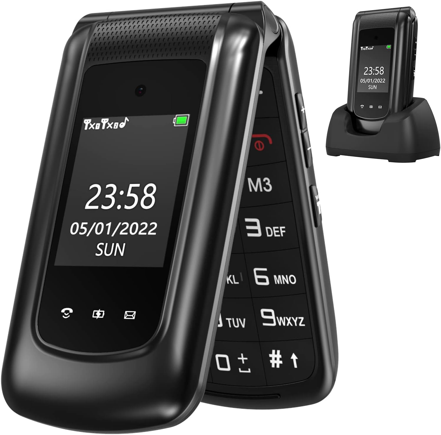 Senior Mobile Phone Flip Unlocked 2.4 Inch + 1.8 Inch Dual LCD Screen with Large Buttons | High Volume | SOS Button | FM Radio | Torch and Charging Station, Telephone for Seniors (Black)