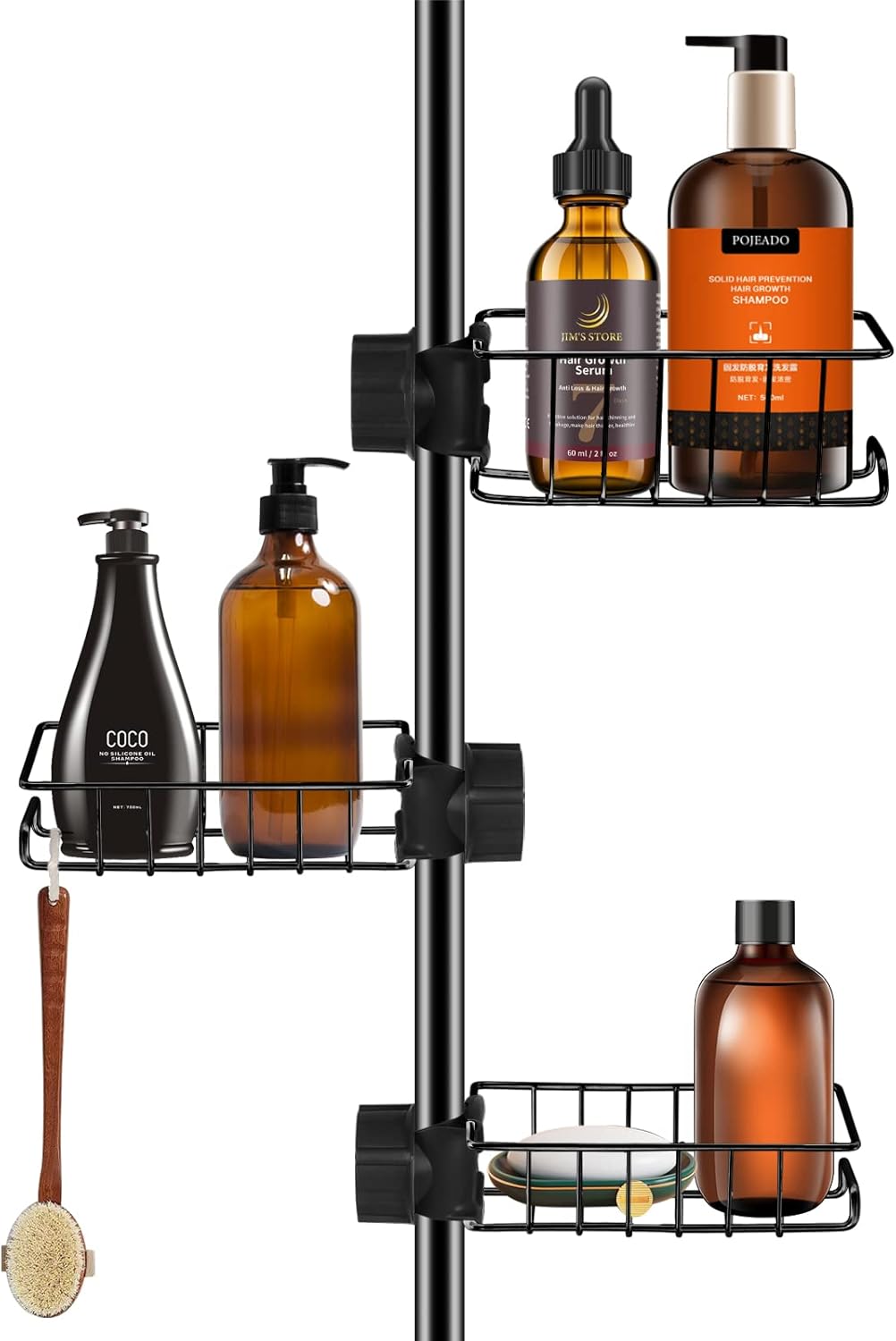 Kamfwert 3 x Shower Shelf Stainless Steel No Drilling Required for Shower Rods 18-27 mm Black