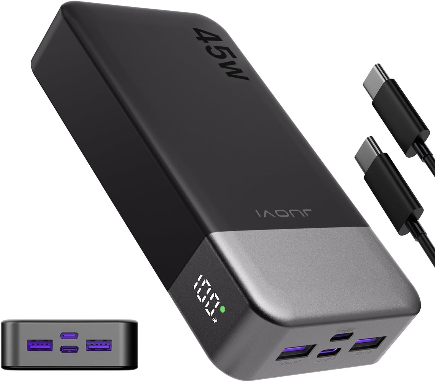 JUOVI External Battery Quick Charge, External Battery 45 W, Power Bank 20000 mAh, External Battery USB C Charge, PD and QC Charge 4-Ports, with LED Display for Samsung iPhone 16 15 Pro Laptop