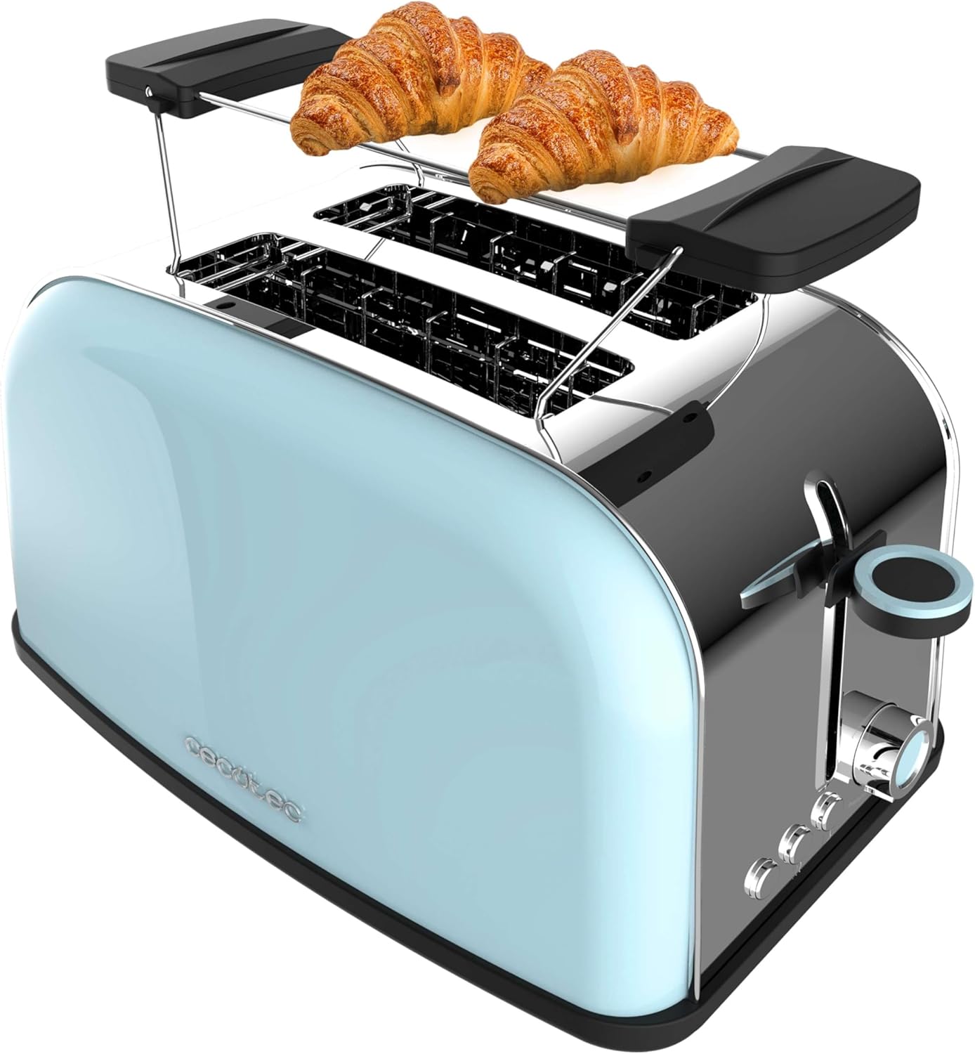 Cecotec Grille-pain vertical Toastin' time 850 Blue, 850 W de puissance, Double fente courte et fente large de 3,8 cm, Varillas Superiores, Acier inoxydable, Arrêt et Popup automatiques, Bac à miettes