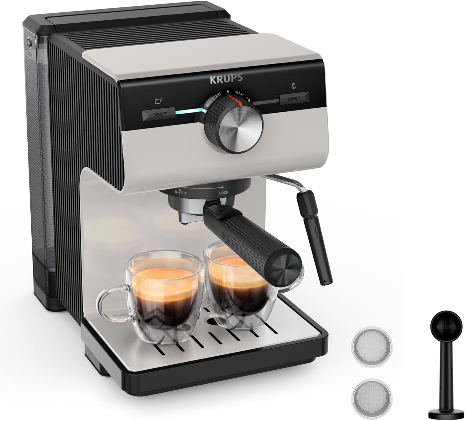 Krups Manual Espresso Machine, Barista Quality, Espresso and Cappuccinos, Steam Nozzle, Filter Storage Included, Light Grey, Authentic, XP381B10