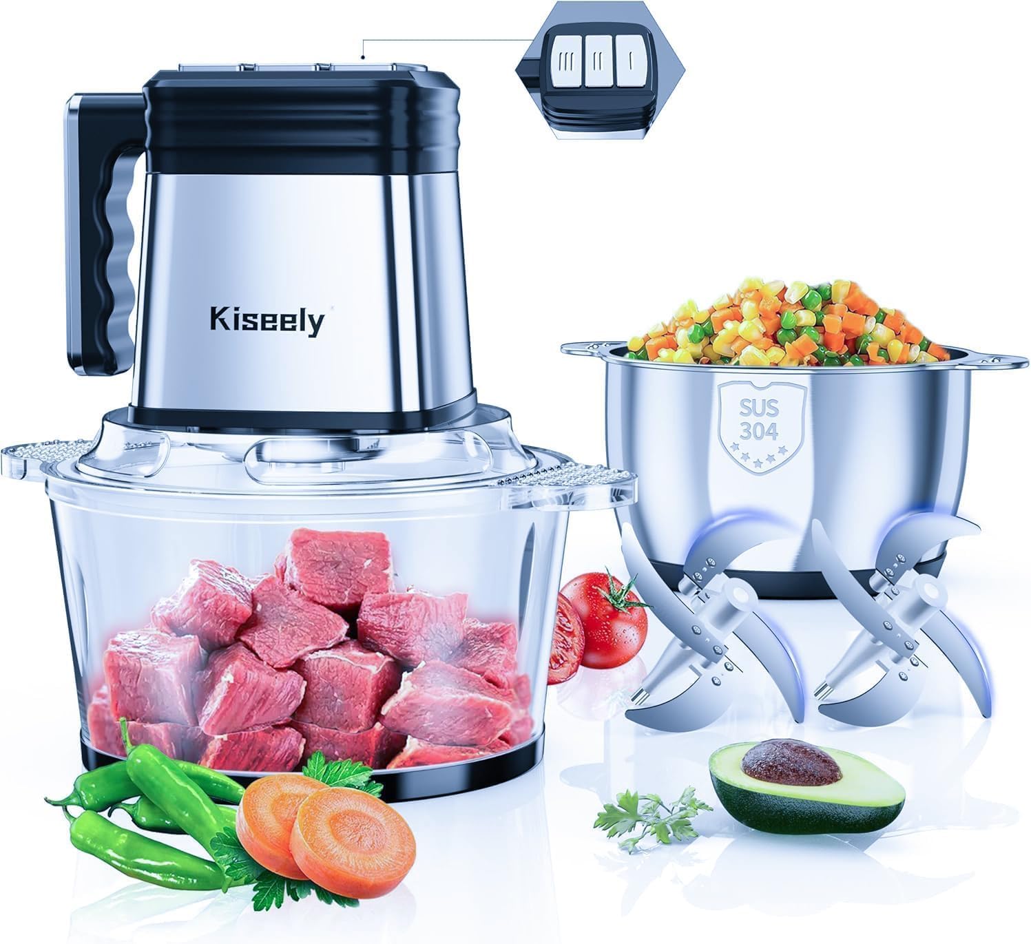 2L Electric Food Chopper, 3 Speed Food Processor with 2 Bowls and 2 Sets of Two-Tier Blades, 400W Meat and Vegetable Mincer for Meat, Vegetables, Fruits and Nuts (RC2)