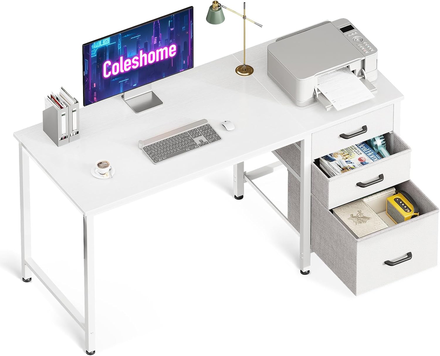 Coleshome Desk with 3 Fabric Drawers, 120 x 48 cm Computer Desks with Headset Holder, White Reversible Computer Desk for Small Home Offices