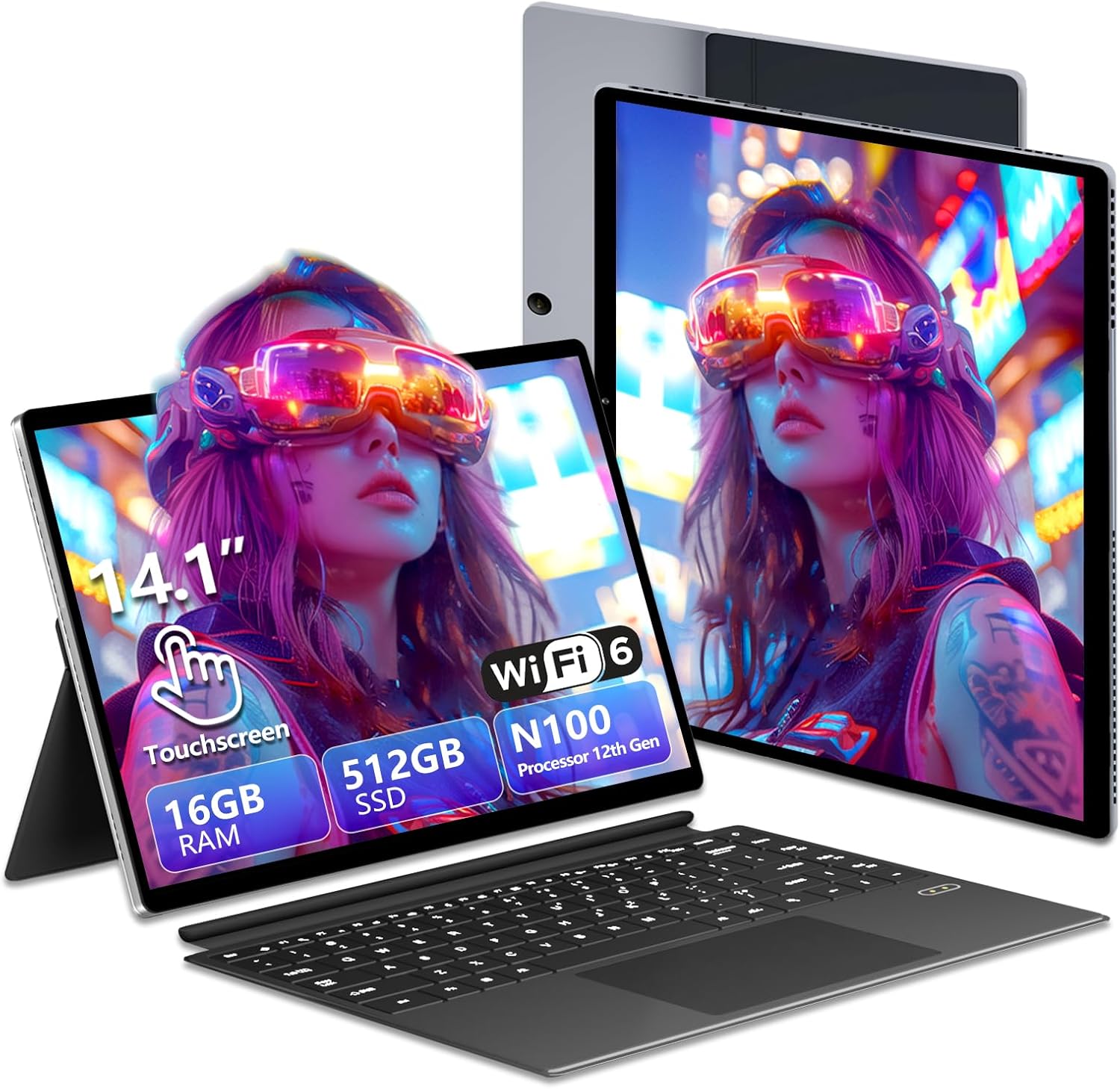 2-in-1 Touchscreen Laptop, 16GB RAM + 512GB SSD, Alder Lake N100 CPU, 14.1 Inch 1200P, WiFi 6+BT 5.2/Type-C/Micro HDMI, Backlit Keyboard, Detachable Laptop Tablet