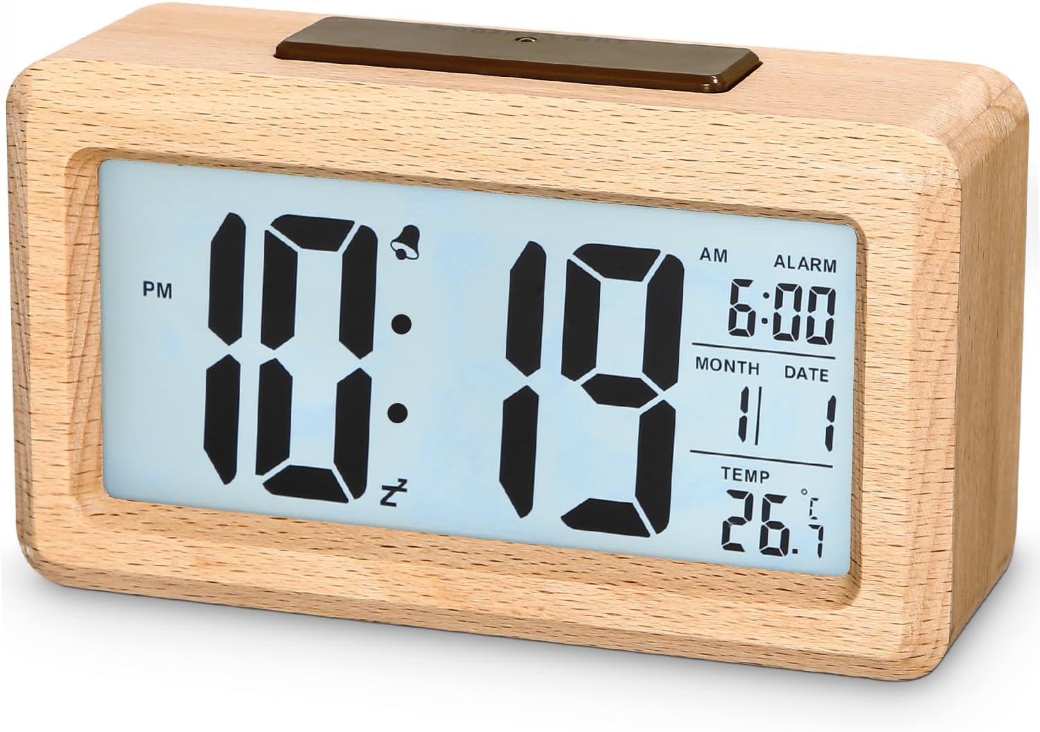 Exyvox Digital Alarm Clock,Wooden Alarm Clock with Large Display,Digital Clock with Sensor Module,Digital Clock with Snooze Module,12/24 Hours,Date,Temperature Display