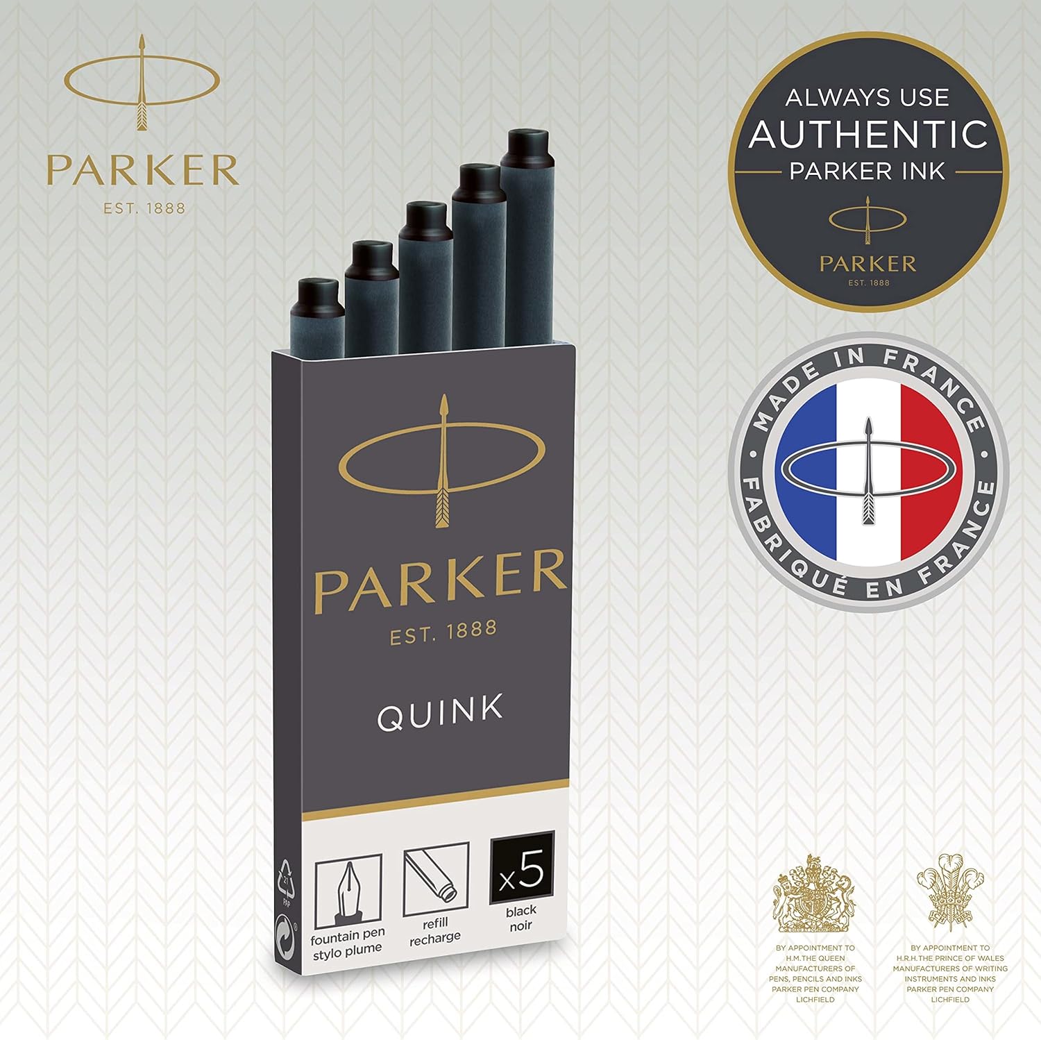 Parker Fountain Pen Ink Cartridges | Long | Black Ink QUINK | Pack of 10