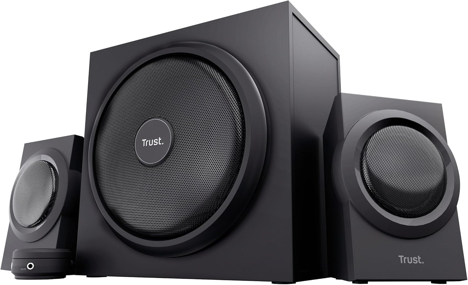 Trust Yuri PC 2.1 Speaker System with Wooden Subwoofer (120W Peak Power, Wired Volume Control with Headphone Jack and Line-in Connection) Black