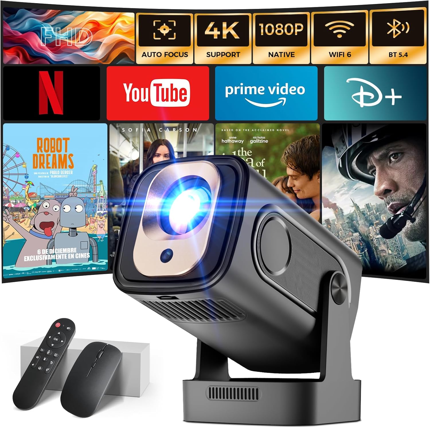 2025 Projector [Auto Focus & 1080P Native & Built-in Apps] Overhead Projector 4K Auto Correction WiFi 6 BT 5.4 Mini Portable Projector Compatible with HDMI/TV Stick/Memory Stick/Laptop, Black