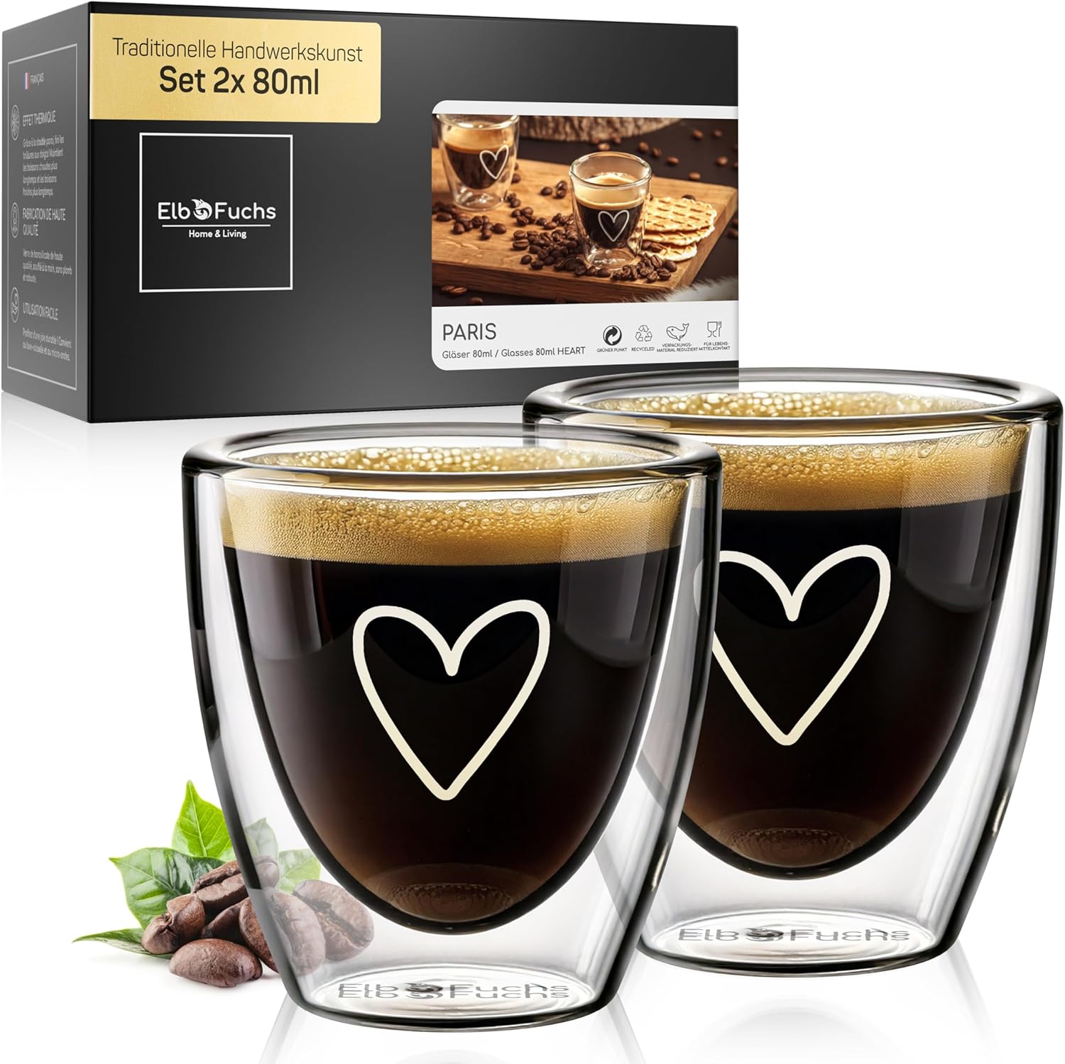 ElbFuchs® Double Wall Espresso Cup [2x 80ml] Gift Idea with Heart | Transparent Espresso Cup | Double Wall Glass | Original Coffee Cup | Double Wall Espresso Cups