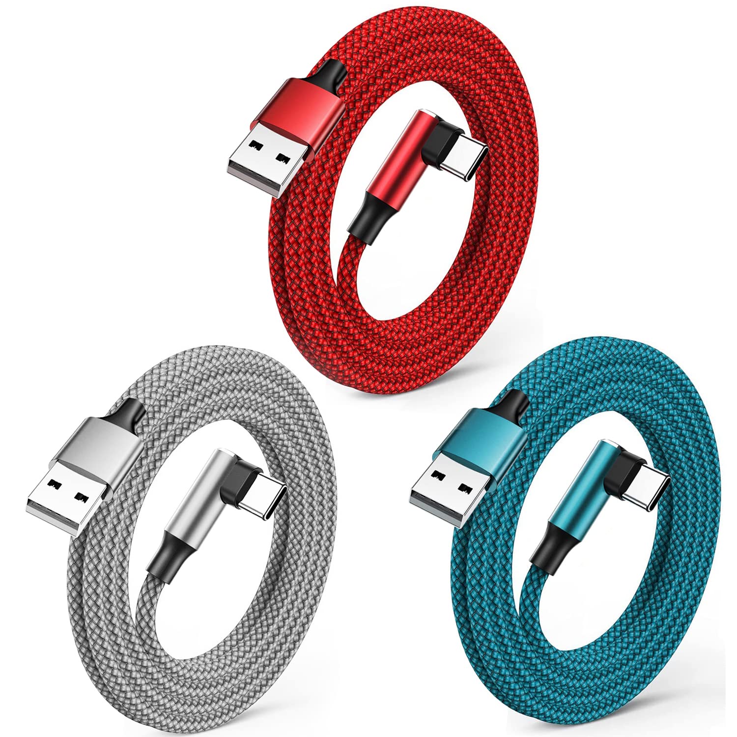 USB C Cable Quick Charge 3 Pack 1M+1.8M+3M Cable USB C Type C Fast Charge Nylon Braided Durable Right Angle Charger Cable for Samsung Galaxy S21/S20/S10/S9/S8, Huawei P30/P20, Sony, Xiaomi and More