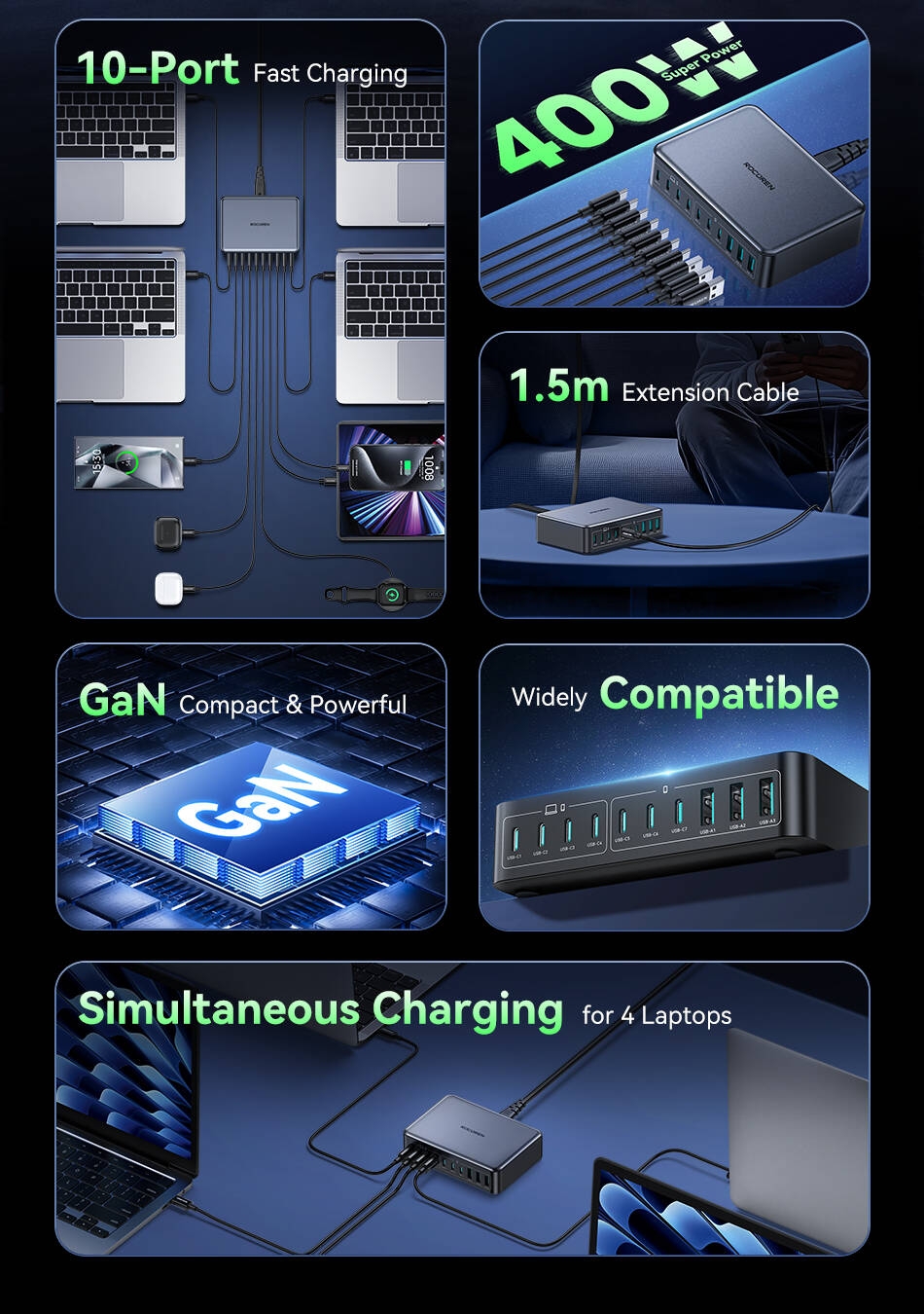 Sa24bb7e4ca5a43b49d08cb62627b8a46S Rocoren Chargeur Rapide 400W – Station d’Alimentation USB-C GaN Portable ⚡