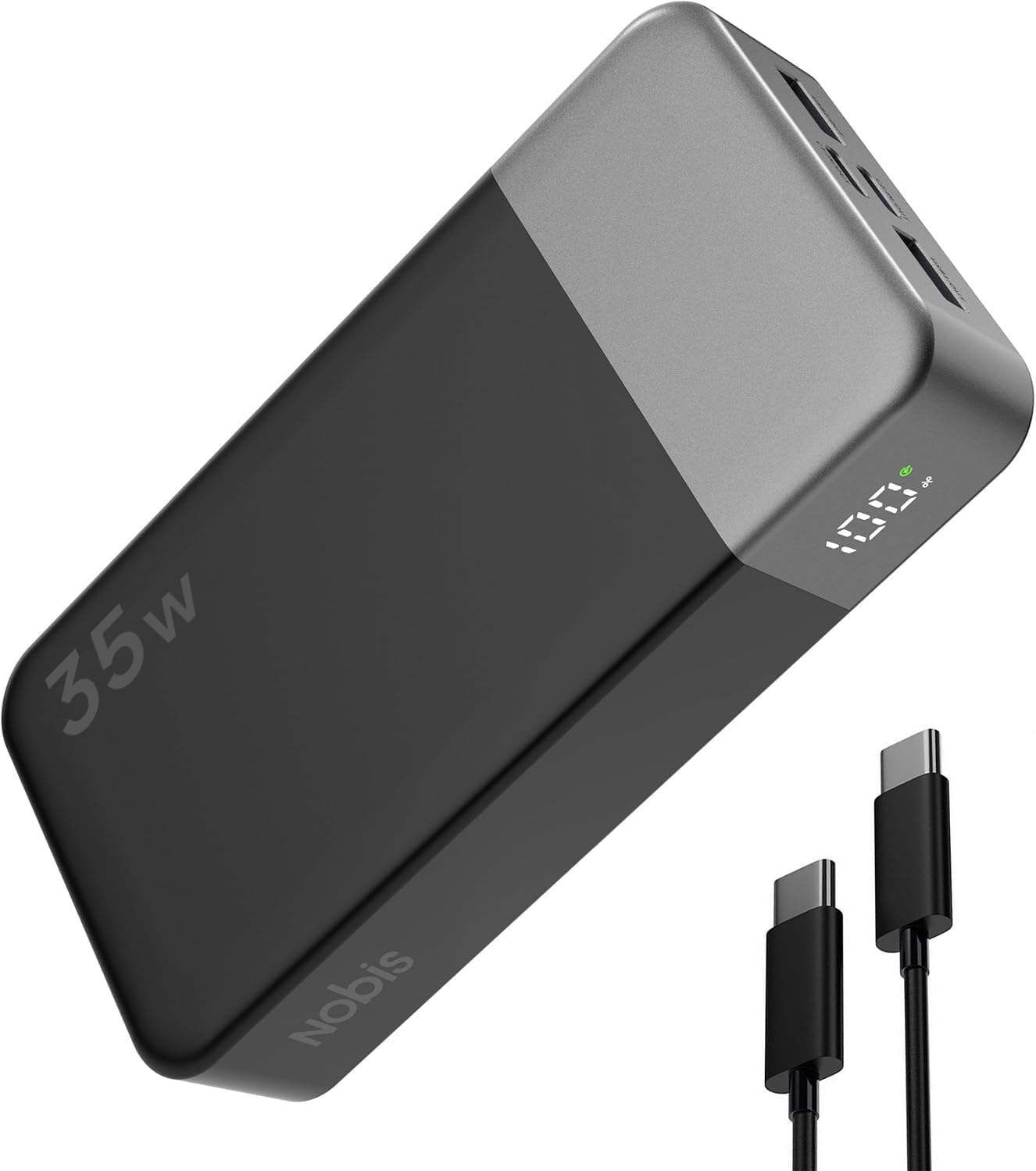 Nobis Power Bank 20000 mAh 35 W External Battery Quick Charging, Portable USB C in & Out Charger, 4 Ports with LED Digital Display, Compatible with Laptop, S23 Phone 16 15 (Black)