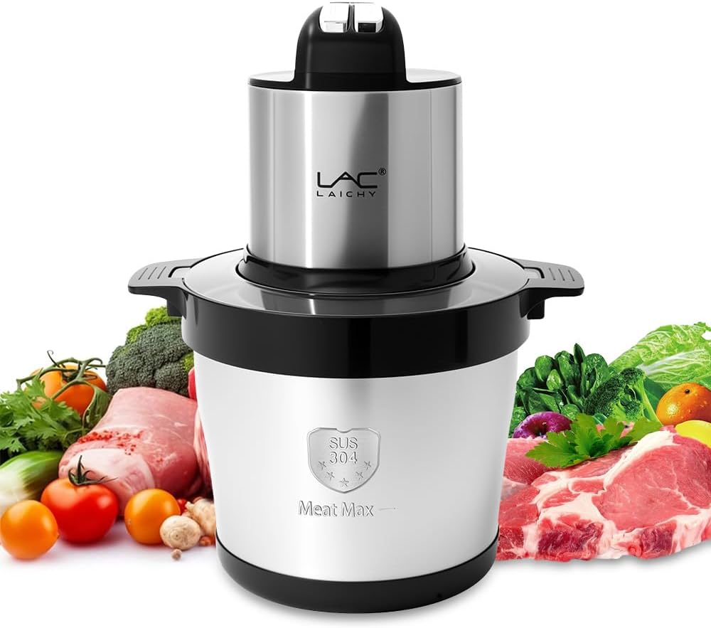 Large Capacity Kitchen Processor, Electric Meat Grinder with Stainless Steel Bowl, 3 Speed, 4 Two-Tier Blades and Spatula for Meat, Onion, Vegetables, Fruits (6L, Black)
