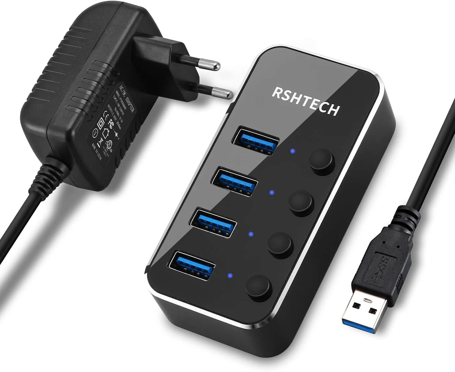 RSHTECH Powered USB Hub, USB 3.0 Hub 4 Ports Splitter USB 3.0 with 10W (5V/2A) External Power Multi Port USB Hub, for Data Transfer, Individual Switches and LED Indicator